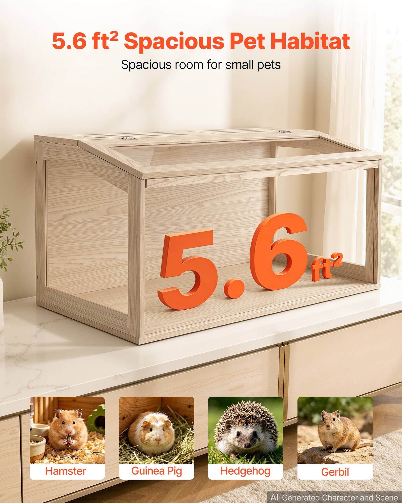 5.6 ft² Spacious Pet Habitat  
Spacious room for small pets  
Hamster  
Guinea Pig  
Hedgehog  
Gerbil  
AI-Generated Character and Scene