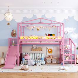 Boyel Living - Twin Size Loft Bed with Storage Stairs Shelves and Built in Wardrobe Metal Loft Bed Frame - Pink