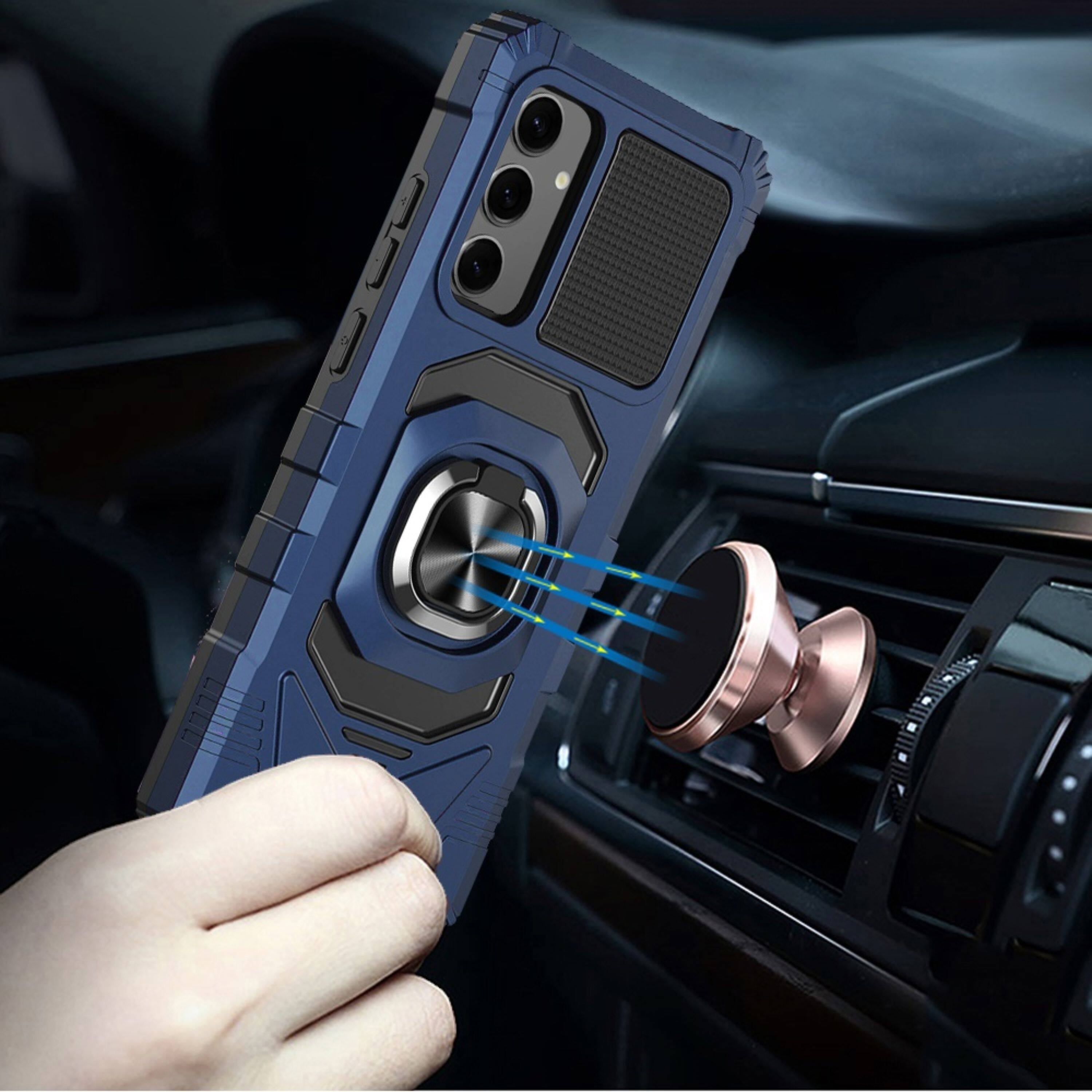 Angle. Kitcheniva - Shockproof Two Layer Magnetic Ring Stand With Tempered Glass For Samsung Galaxy S25+/S24+ Dark Blue - Dark Blue.
