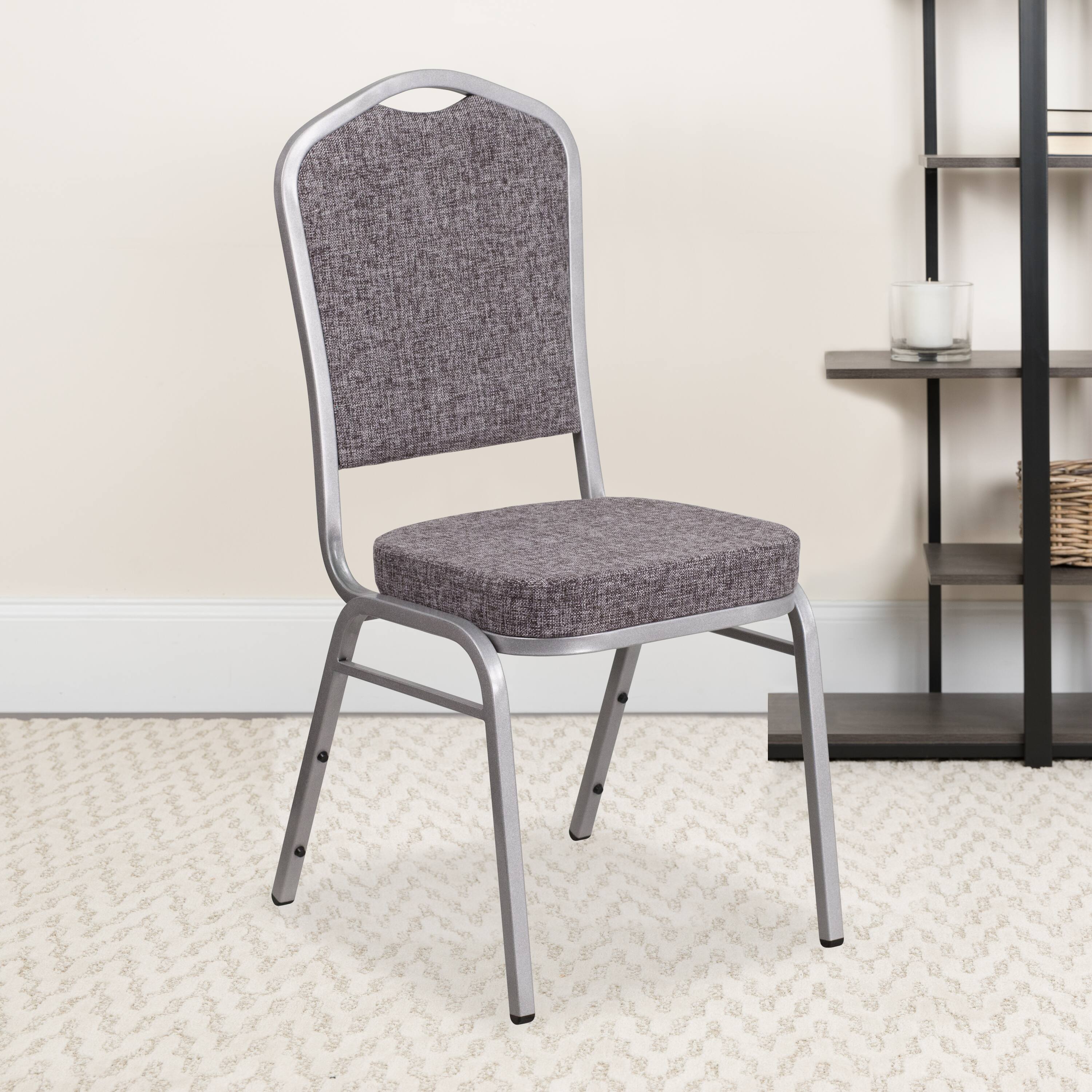 Alt View 2. Emma + Oliver - 4 Pack Crown Back Stacking Banquet Chair - Herringbone Fabric/Silver Frame.