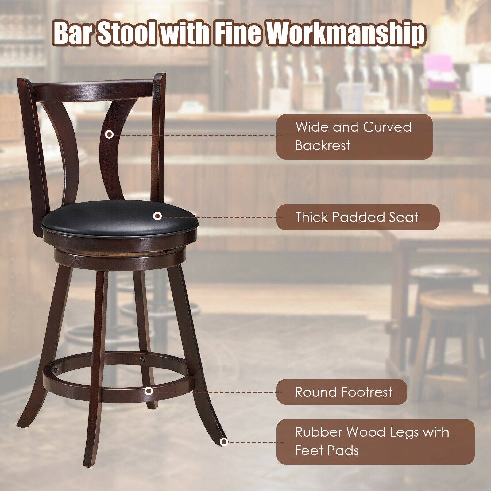 Bar Stool with Fine Workmanship
Wide and Curved Backrest
Thick Padded Seat
Round Footrest
Rubber Wood Legs with Feet Pads