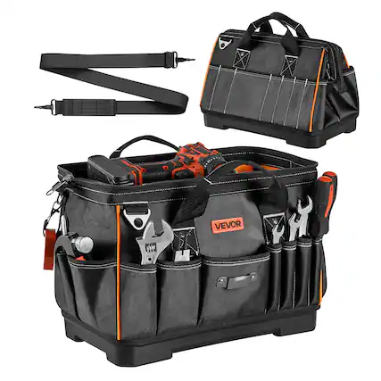 Front. VEVOR - Tool Bag, 16.1 Inch, 33-Pocket Portable Large Tool Box Organizer Storage, Toolbox with Water-Resistant Base, Zipper - Black;Orange.