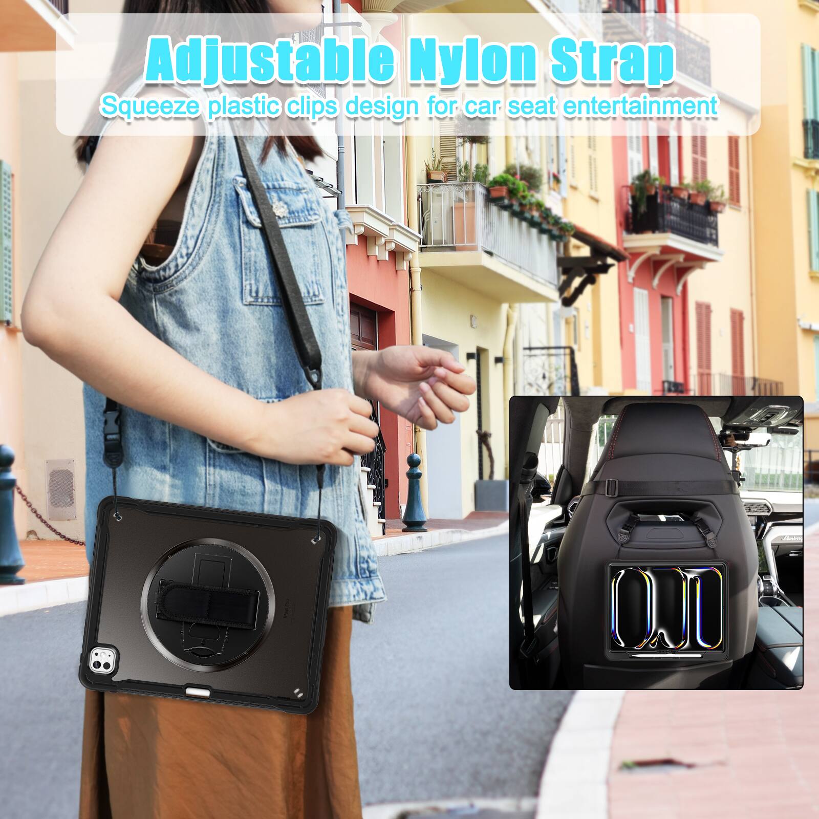 Adjustable Nylon Strap  
Squeeze plastic clips design for car seat entertainment