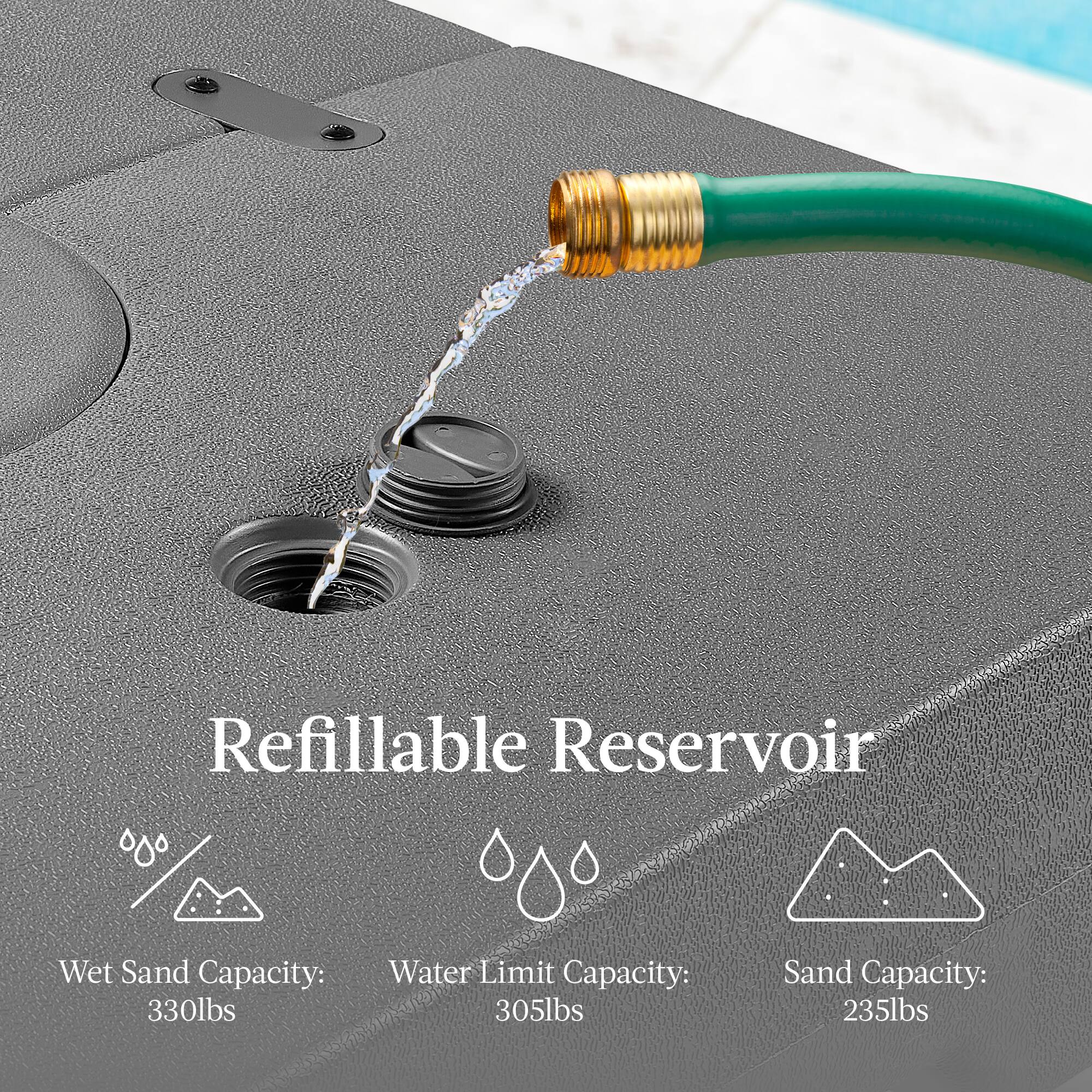 Refillable Reservoir:
- Wet Sand Capacity: 330lbs
- Water Limit Capacity: 305lbs
- Sand Capacity: 235lbs