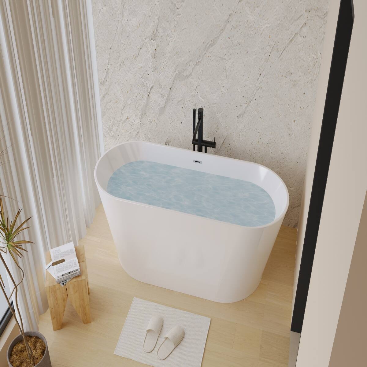 Alt View 8. Loheer - Loheer 59 Inch Freestanding Soaking Tub Oval Acrylic Bathtub Gloss White Center Drain - Gloss White.