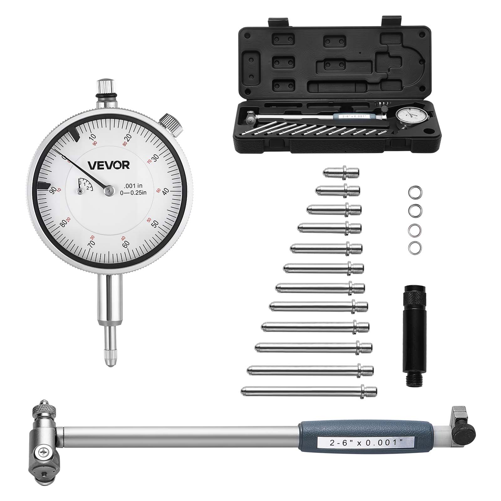 VEVOR - Dial Test Indicator and Bore Gauge Measuring Tool Set, Dial Indicator 0.001 inch Accuracy, 2-6 inch Bore Range with Rod - White+Sliver