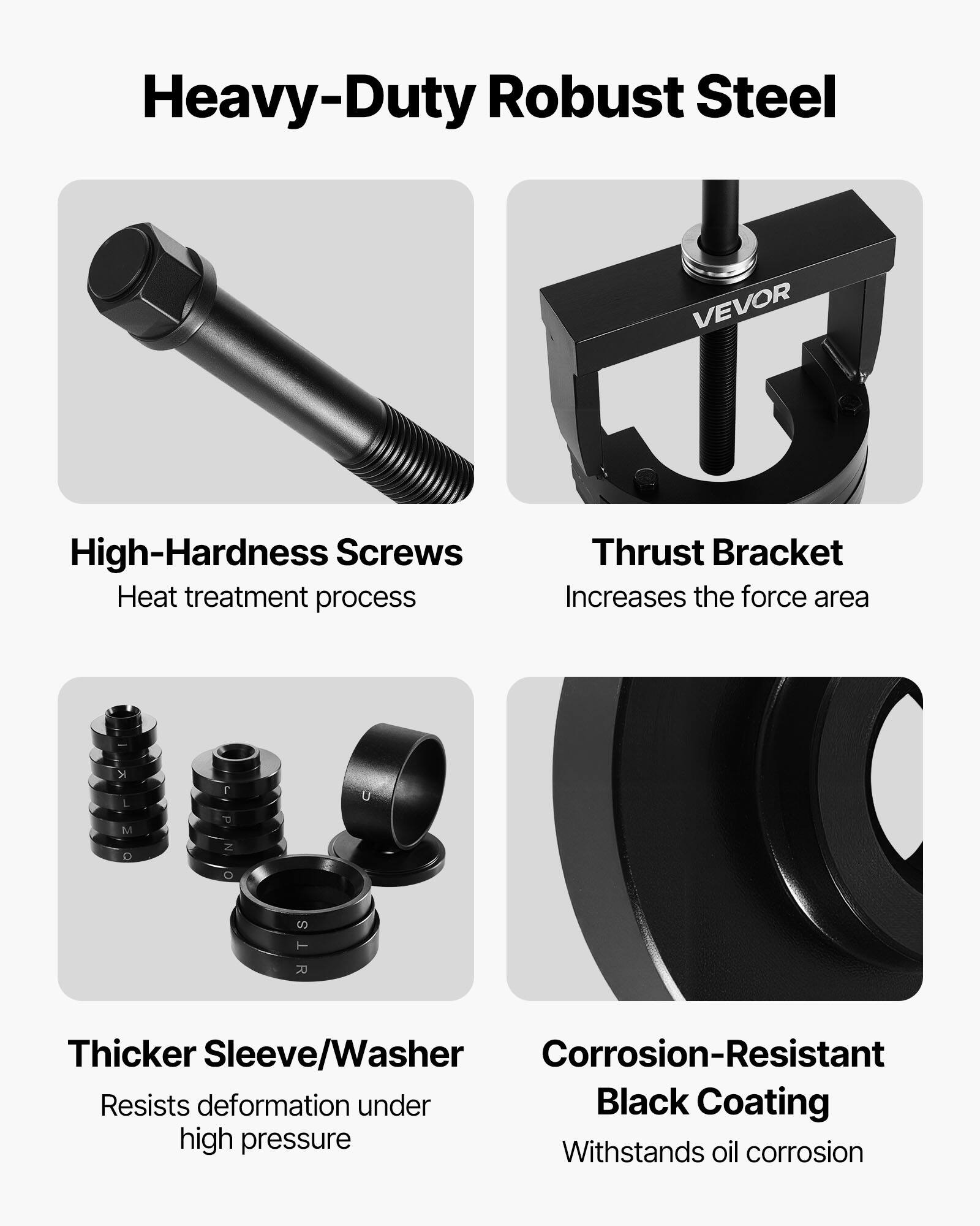 Heavy-Duty Robust Steel  
High-Hardness Screws  
Heat treatment process  
Thrust Bracket  
Increases the force area  
Thicker Sleeve/Washer  
Resists deformation under high pressure  
Corrosion-Resistant Black Coating  
Withstands oil corrosion