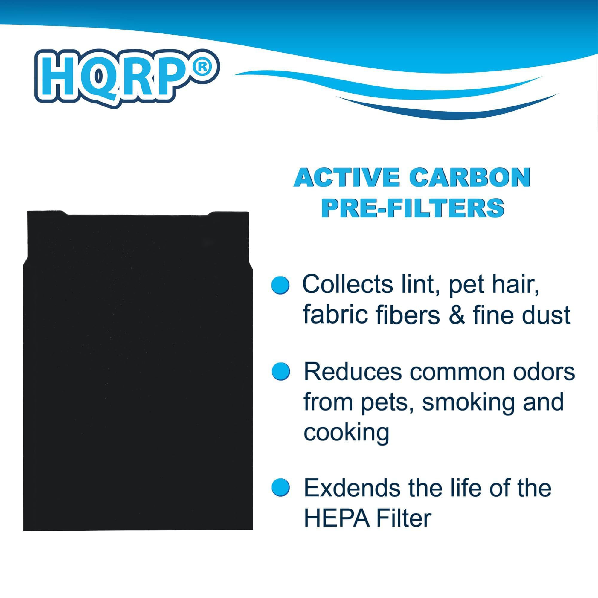 HQRP® ACTIVE CARBON PRE-FILTERS  
Collects lint, pet hair, fabric fibers & fine dust  
Reduces common odors from pets, smoking and cooking  
Extends the life of the HEPA Filter