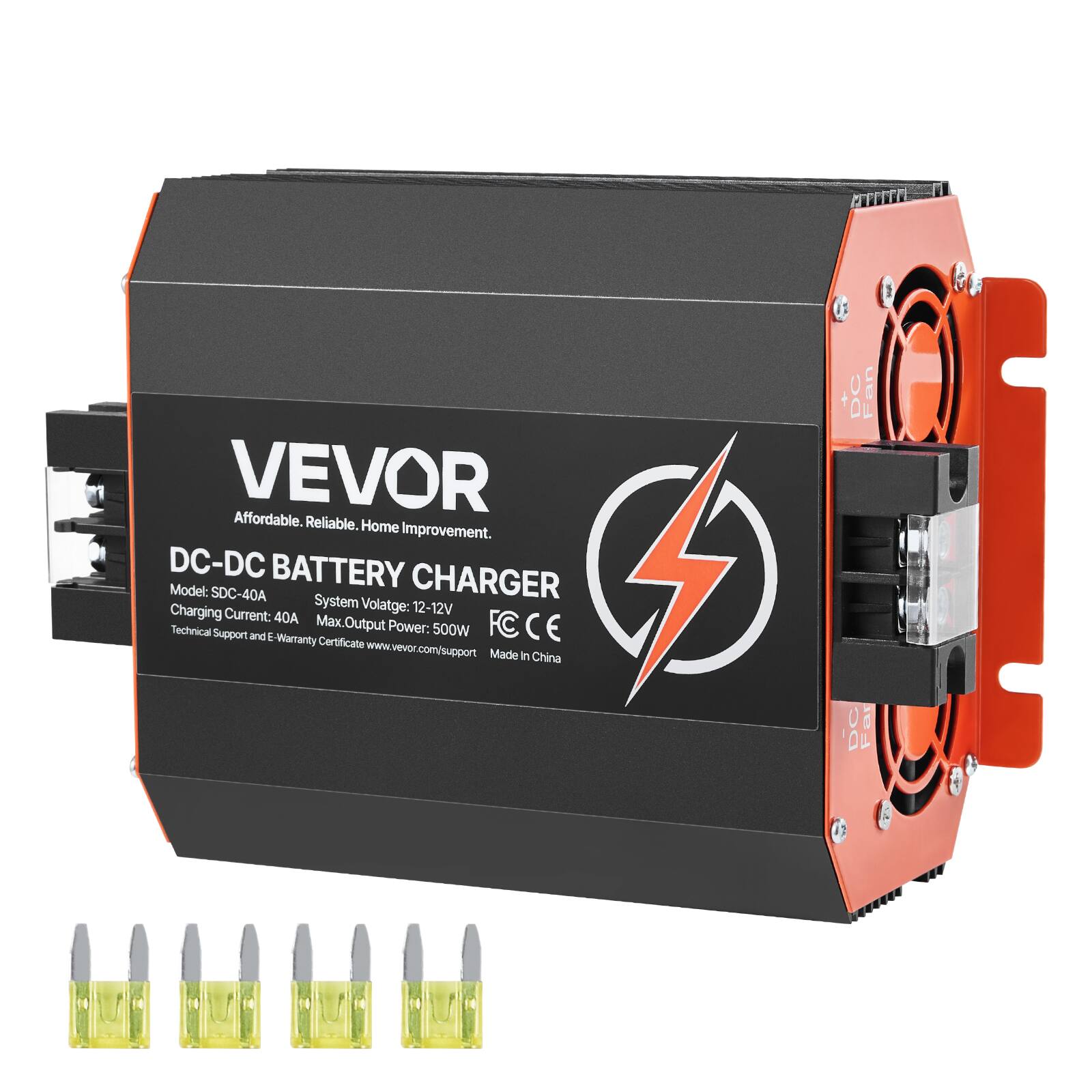 VEVOR Affordable. Reliable. Home Improvement.  
DC-DC BATTERY CHARGER  
Model: SDC-40A  
System Voltage: 12-12V  
Charging Current: 40A  
Max. Technical Output Power: 500W  
FC CE  
Technical Support and E-Warranty Certificate: www.vevor.com/support  
Made in China