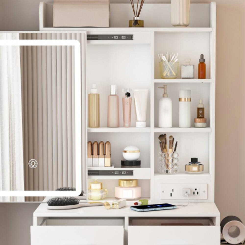 Alt View 5. LUCKY ONE - 31.5in Freestanding Vanity Desk with Mirror LED Lights Power Outlet Hidden Storage Stool Shelf - White.