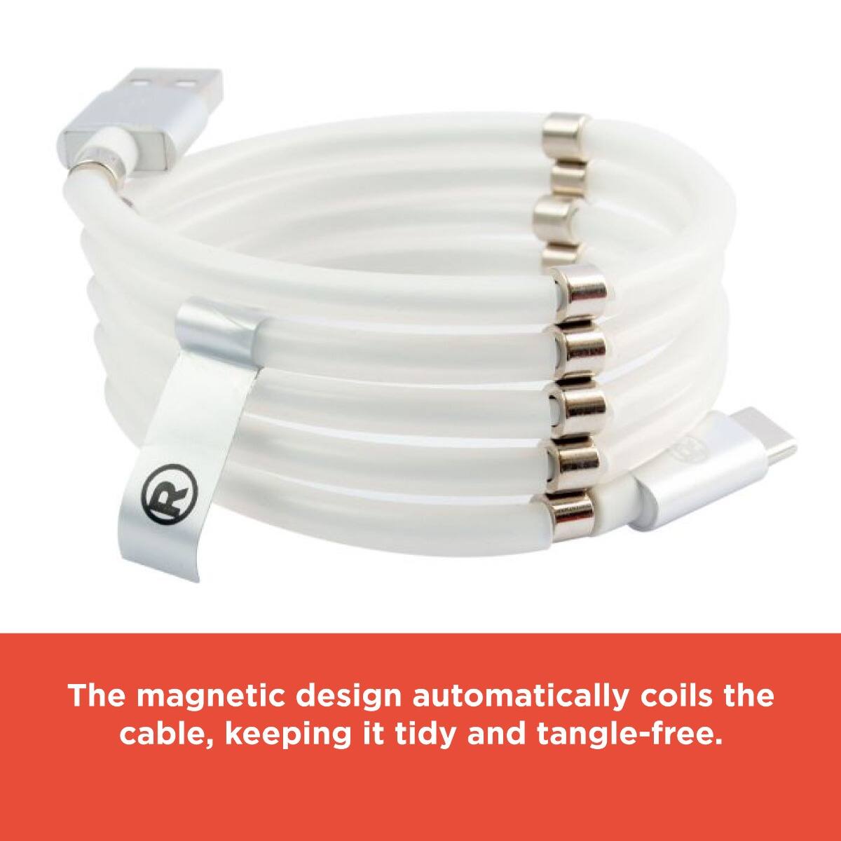 The magnetic design automatically coils the cable, keeping it tidy and tangle-free.
