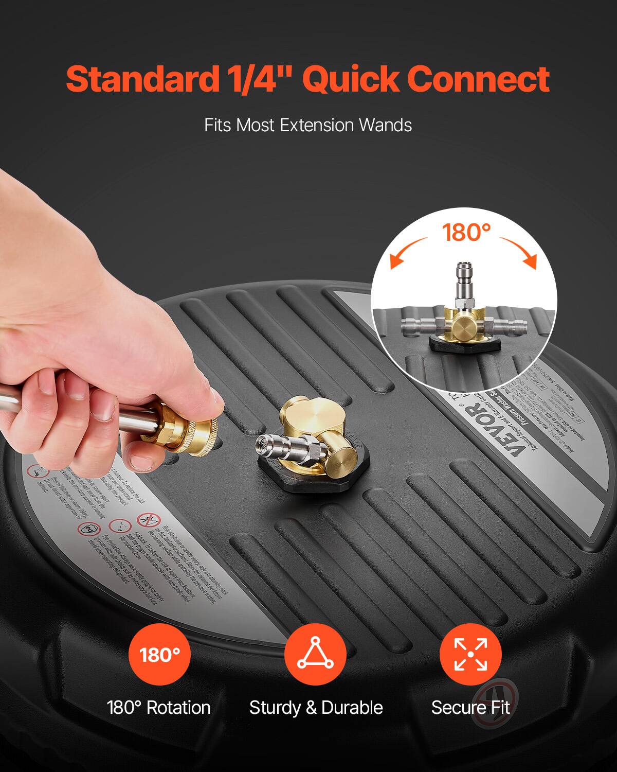 Standard 1/4" Quick Connect  
Fits Most Extension Wands  

180° Rotation  
Sturdy & Durable  
Secure Fit