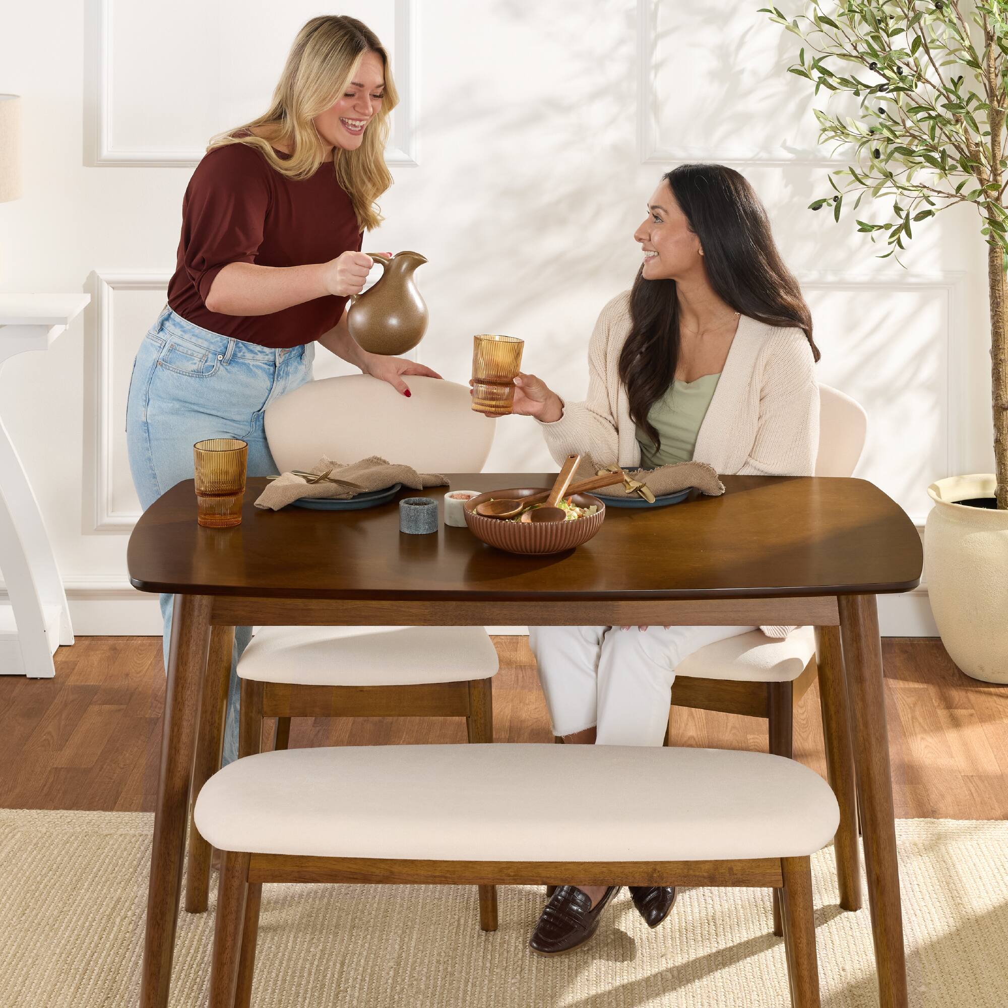 Alt View 2. Best Choice Products - Best Choice Products 4-Piece Mid-Century Modern Upholstered Wooden Dining Set w/ 2 Chairs, Bench - Walnut/Cream - Walnut/Cream.