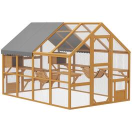 Pawhut - Large Catio Outdoor Enclosure, for Multiple Kittens, Waterproof Cover, 2 Condos, 6 Platforms, 110"x73"x74"