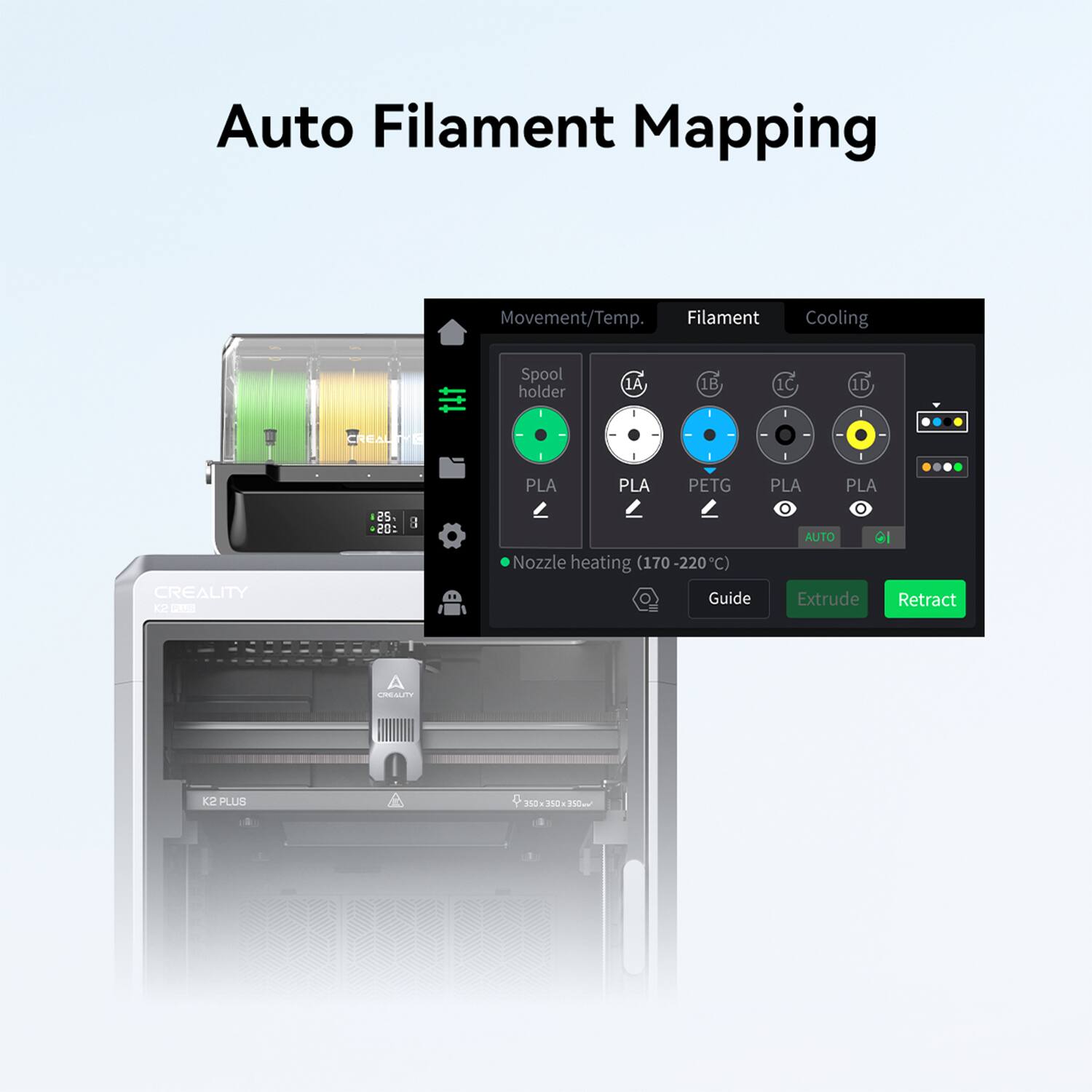 Auto Filament Mapping Movement/Temp. Filament Cooling Spool holder 1A 1B 1C 1D CREALITY . - I CREALITY C - 25. 20: 3 PLA PLA PETG PLA PLA . AUTO Nozzle heating (170-220C) (170 -220 C) Guide Extrude Retract CREALITY PLUS 310 P