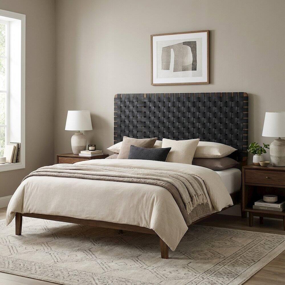 Left. FurniFact - Vegan Leather King Headboard with Woven Texture and Durable Frame - Black.