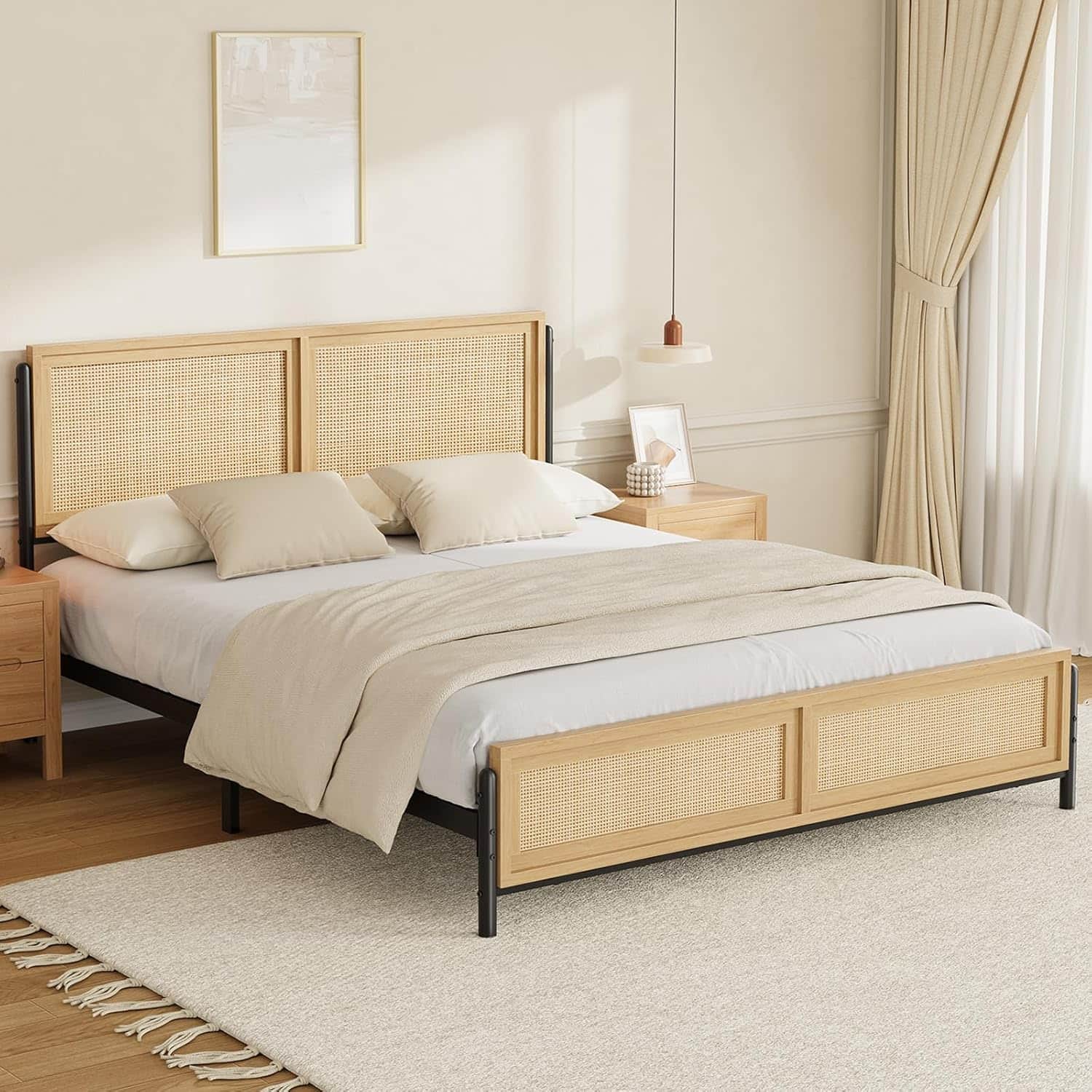 Jojoka - Boho King Bed Frame with Natural Rattan Headboard, Wood Platform, No Box Spring, 14” Height, Easy Assembly - Oak