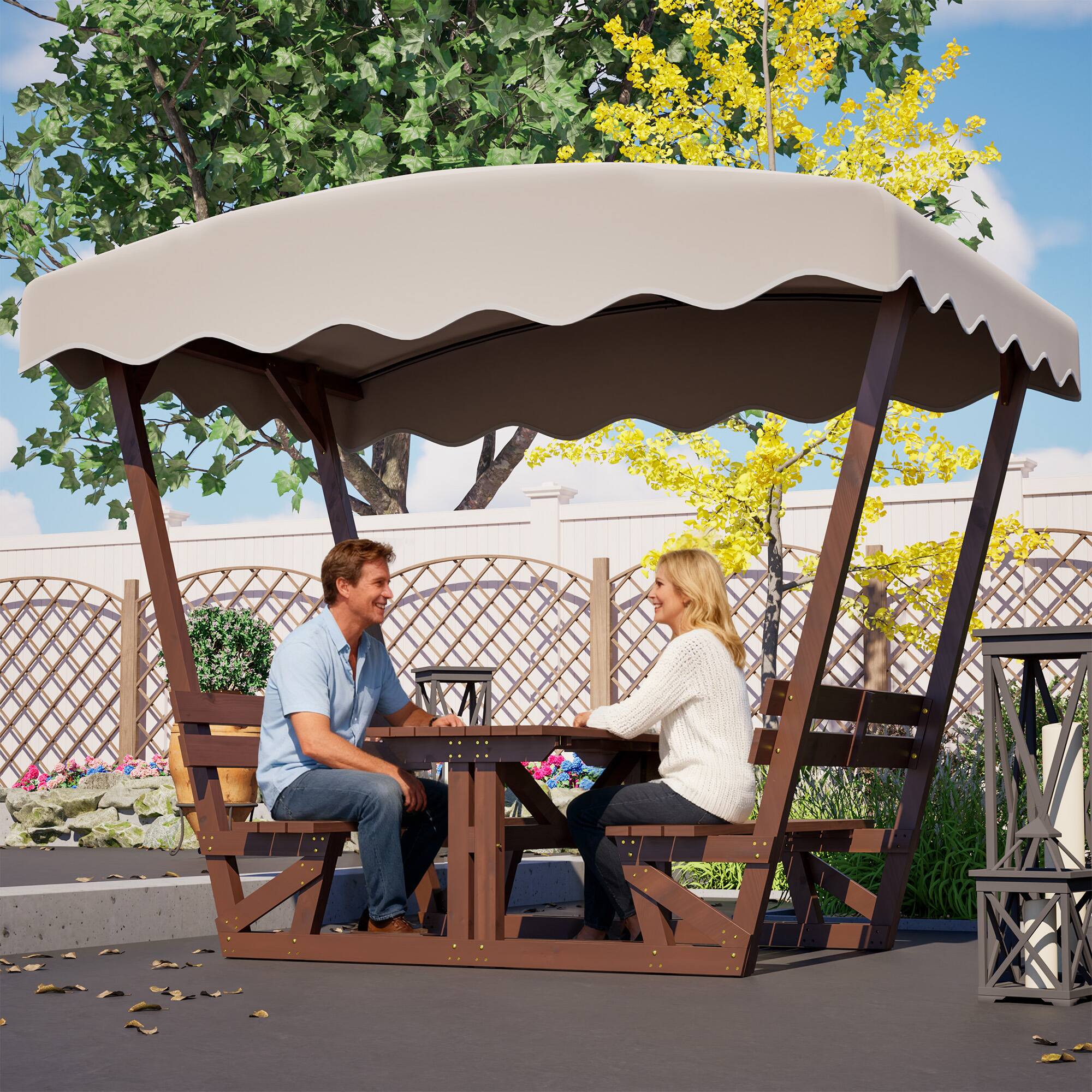 Alt View 7. Mondawe - Outdoor waterproof solid wood picnic table and bench set with removable canopy - Brown.