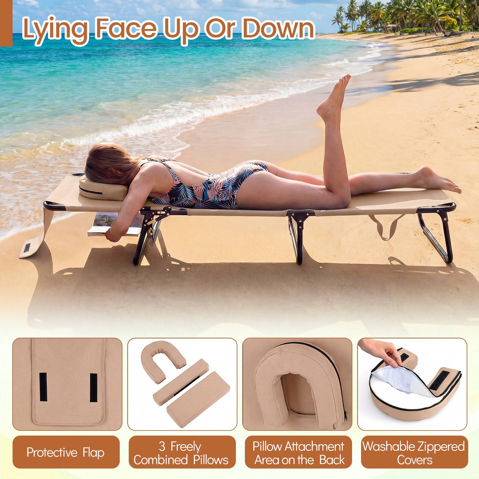 Lying Face Up Or Down

- Protective Flap
- 3 Freely Combined Pillows
- Pillow Attachment Area on the Back
- Washable Zippered Covers