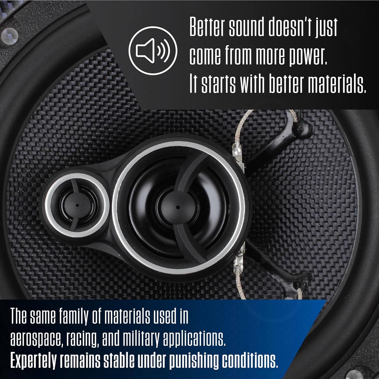 Better sound doesn't just come from more power. It starts with better materials. The same family of materials used in aerospace, racing, and military applications. Expertly remains stable under punishing conditions.