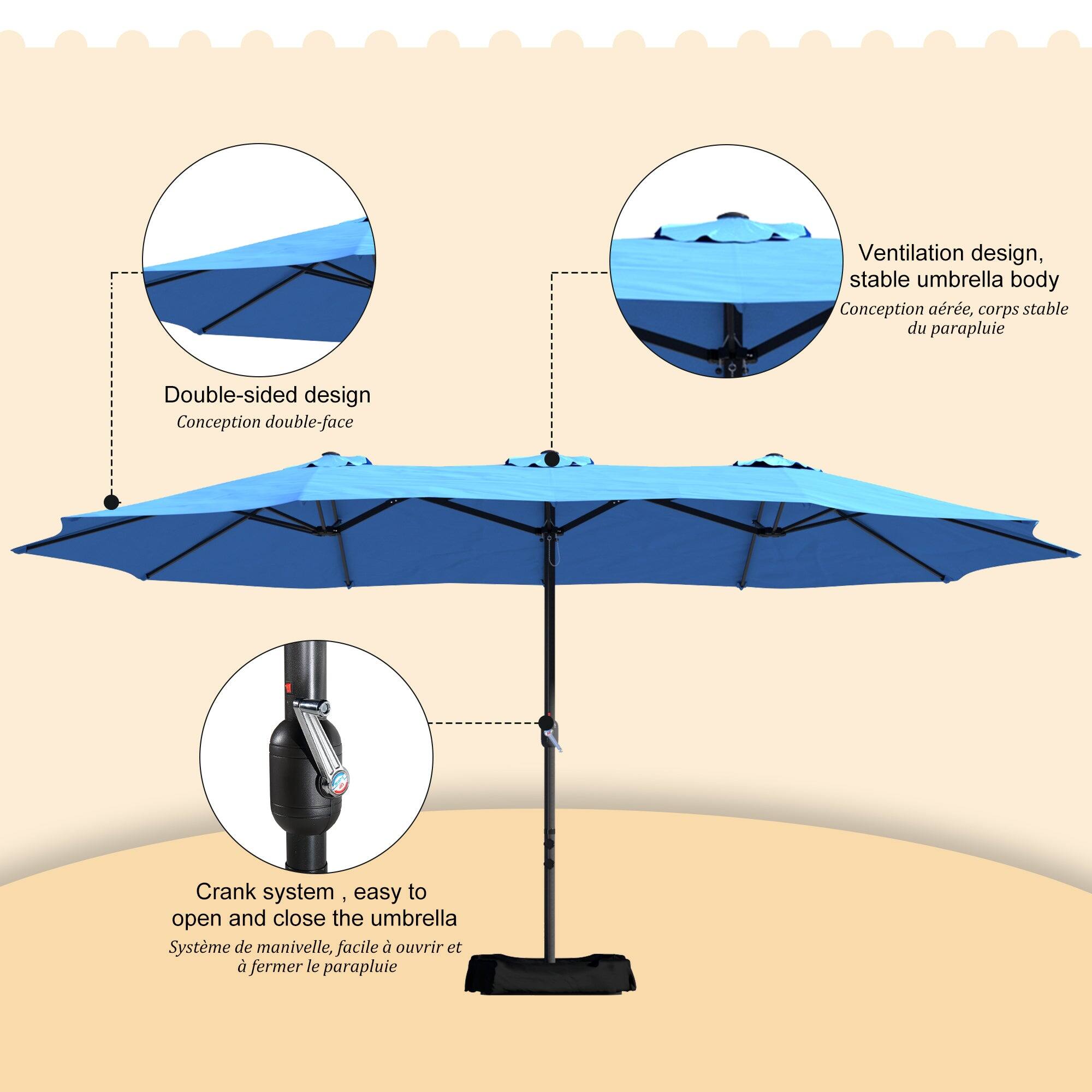 Ventilation design, stable umbrella body  
Conception aérée, corps stable du parapluie  

Double-sided design  
Conception double-face  

Crank system, easy to open and close the umbrella  
Système de manivelle, facile à ouvrir et fermer le parapluie