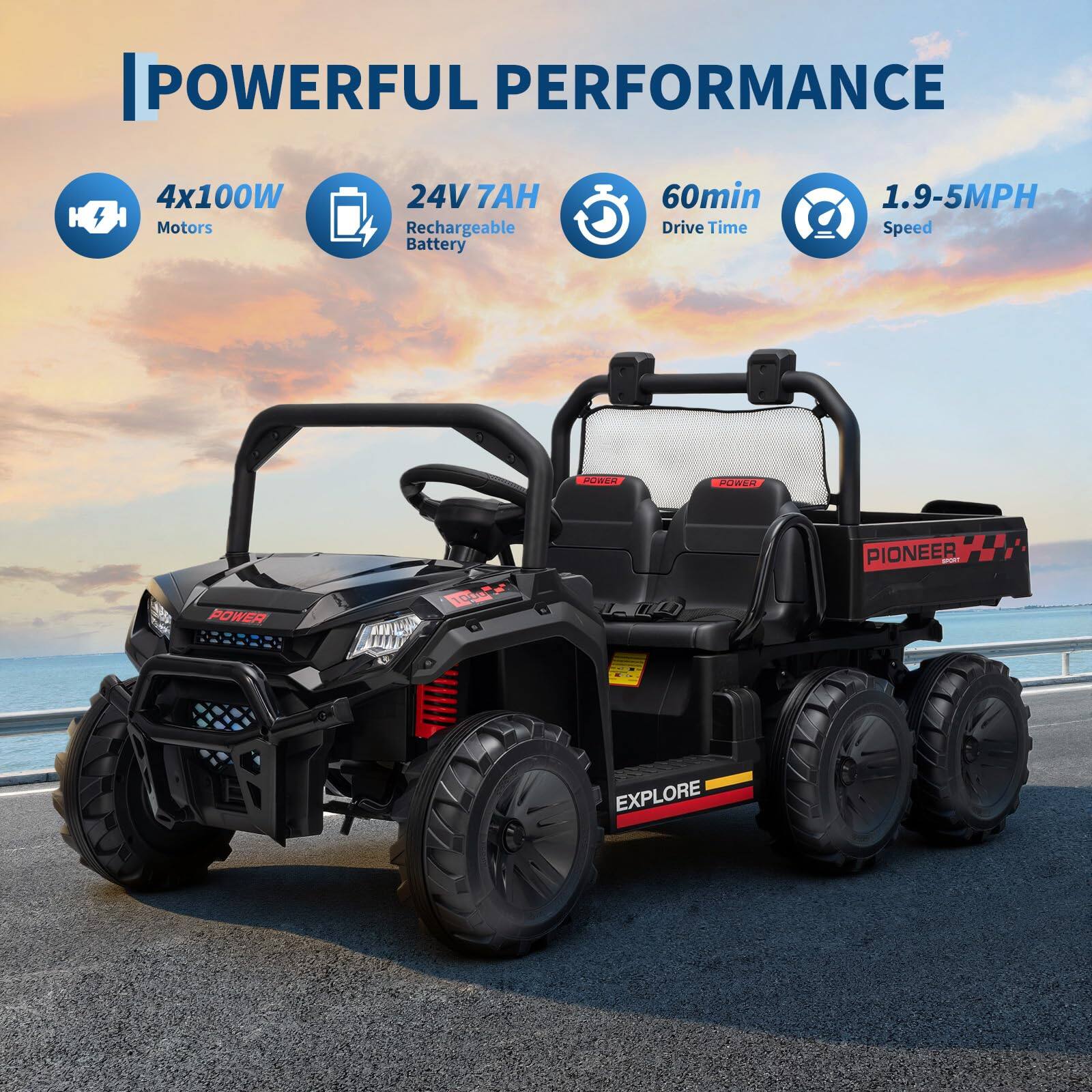 POWERFUL PERFORMANCE

4x100W Motors  
24V 7AH Rechargeable Battery  
60min Drive Time  
1.9-5MPH Speed  

PIONEER - EXPLORE