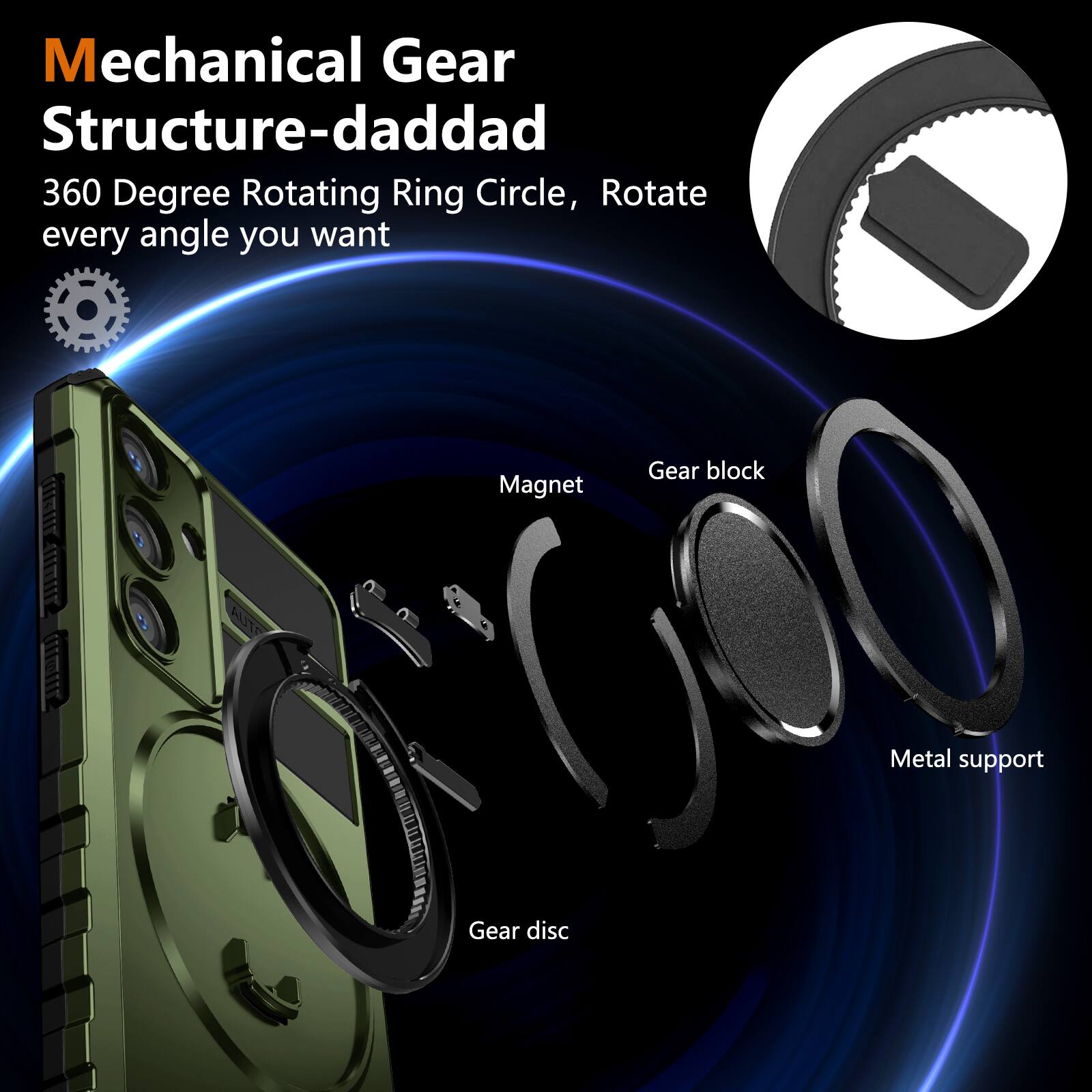 Mechanical Gear Structure-daddad  
360 Degree Rotating Ring Circle, Rotate every angle you want  

- Magnet  
- Gear block  
- Metal support  
- Gear disc
