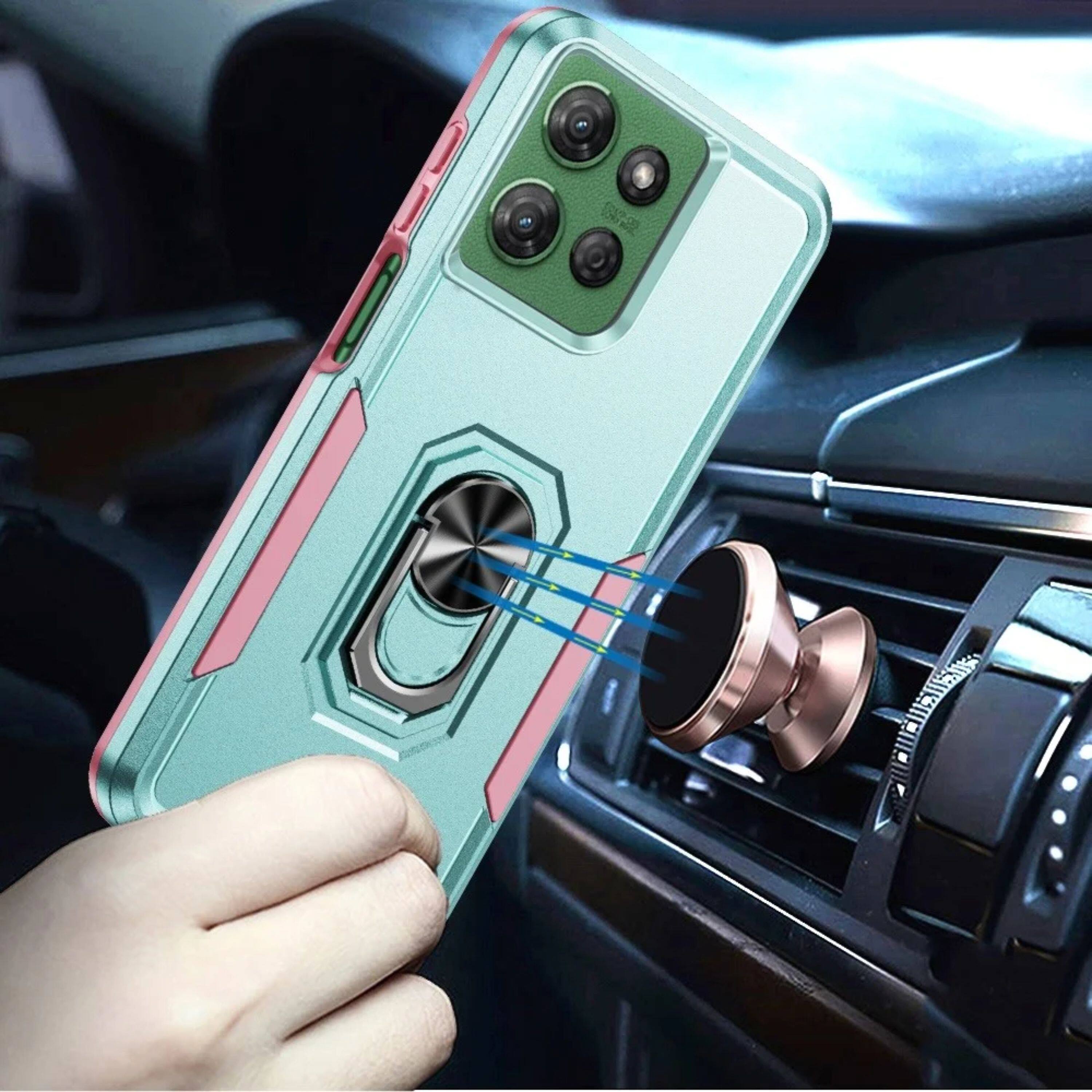 Angle. Kitcheniva - Rugged Fused Metal Ring Stand Case With Tempered Glass For Moto G Power 2025/2026 Teal/Pink - Teal/Pink.