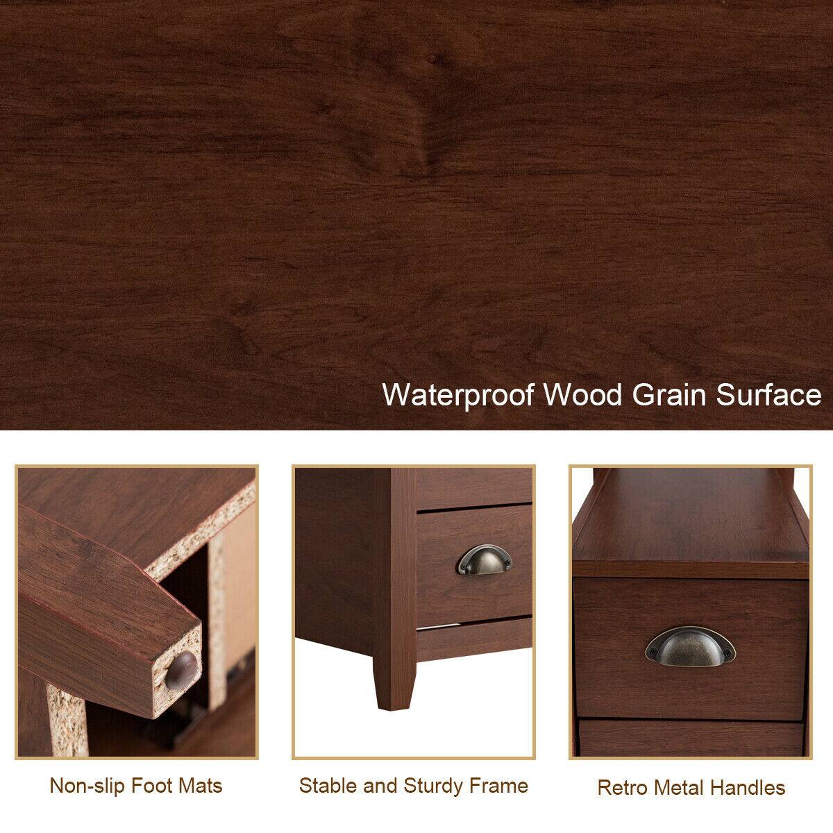 Waterproof Wood Grain Surface  
Non-slip Foot Mats  
Stable and Sturdy Frame  
Retro Metal Handles