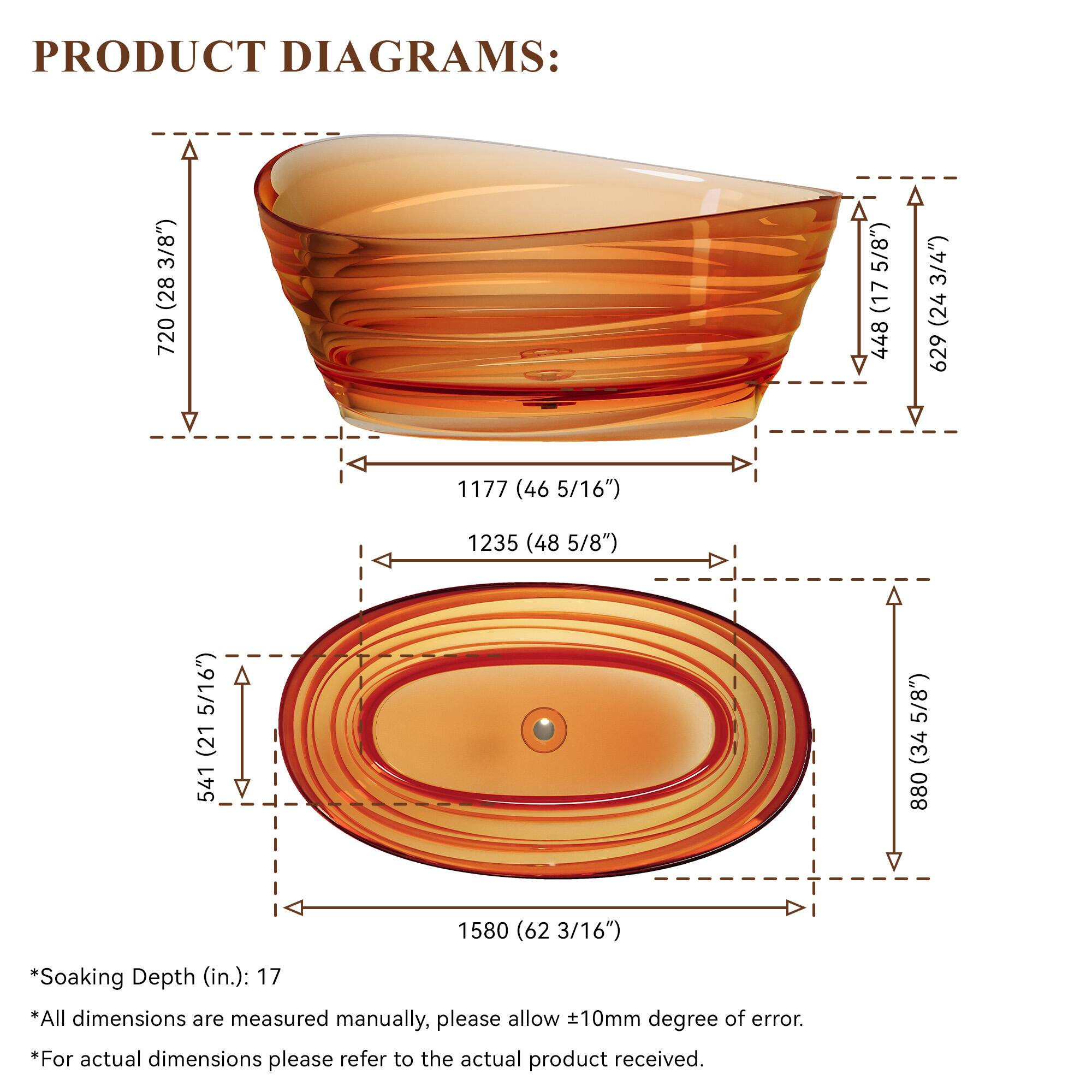 PRODUCT DIAGRAMS:  
- 720 (28 3/8")  
- 1177 (46 5/16")  
- 1235 (48 5/8")  
- 629 (24 3/4")  
- 541 (21 5/16")  
- 880 (34 5/8")  
- 1580 (62 3/16")  

*Soaking Depth (in.): 17*  
*All dimensions are measured manually, please allow 10mm degree of error.*  
*For actual dimensions please refer to the actual product received.*