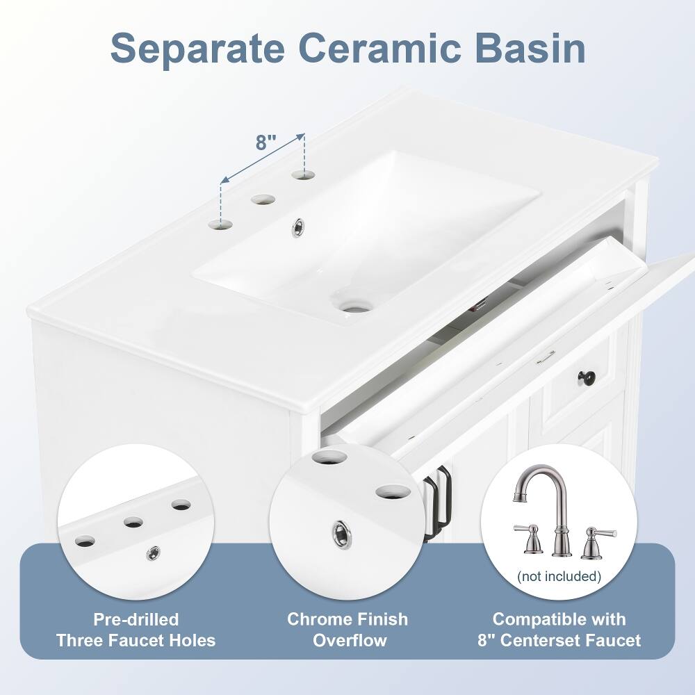 Separate Ceramic Basin

8" (not included)

Pre-drilled Three Faucet Holes

Chrome Finish Overflow

Compatible with 8" Centerset Faucet