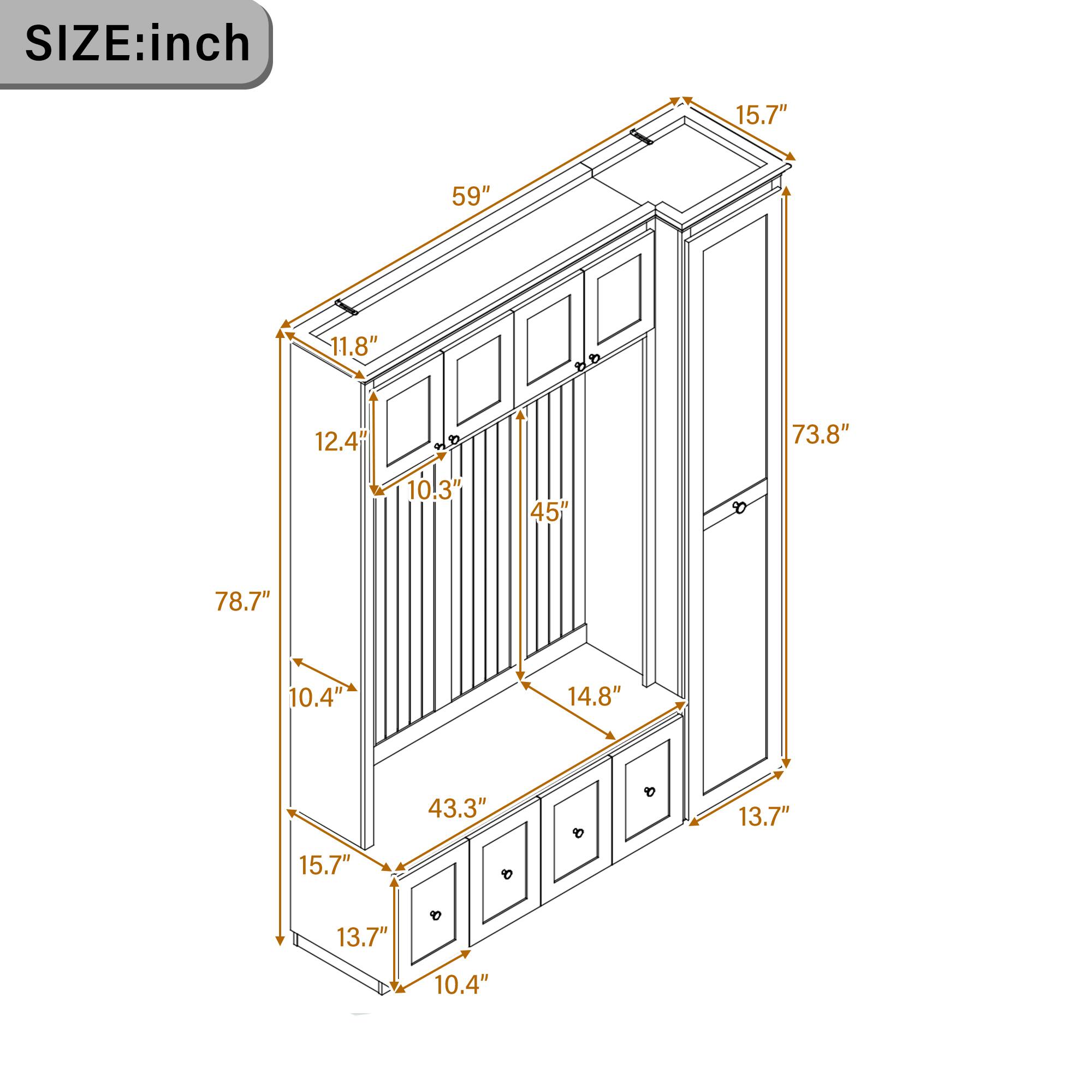 SIZE: inch  
15.7" 59" 11.8" 12.4" 73.8" 10.3" 45" 78.7" 10.4' 14.8" 43.3" 13.7" 15.7" 13.7" 10.4"