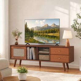 WELLFOR - TV Stand for TV up to 65 Inch with Adjustable Shelf & Rattan Doors, Entertainment Center Media Console - Brown