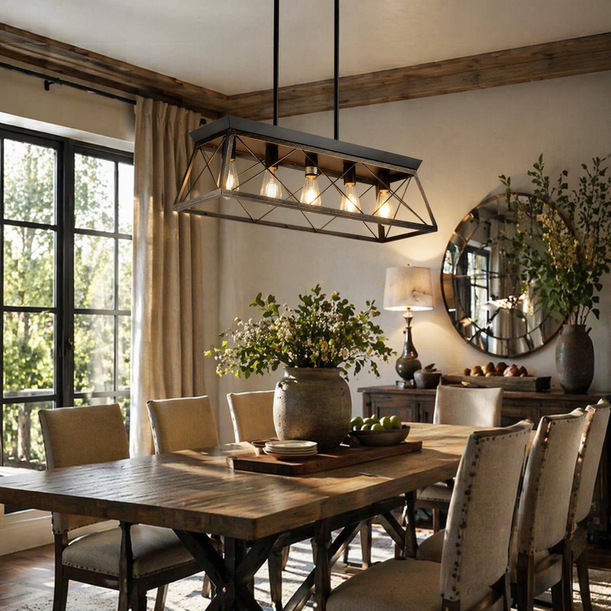 Left. RYHNUYNE - Industrial 5‑Light Linear Chandelier, 32" Black Kitchen Island Lighting for Kitchen Island Dining Living Room - Black+Gold.
