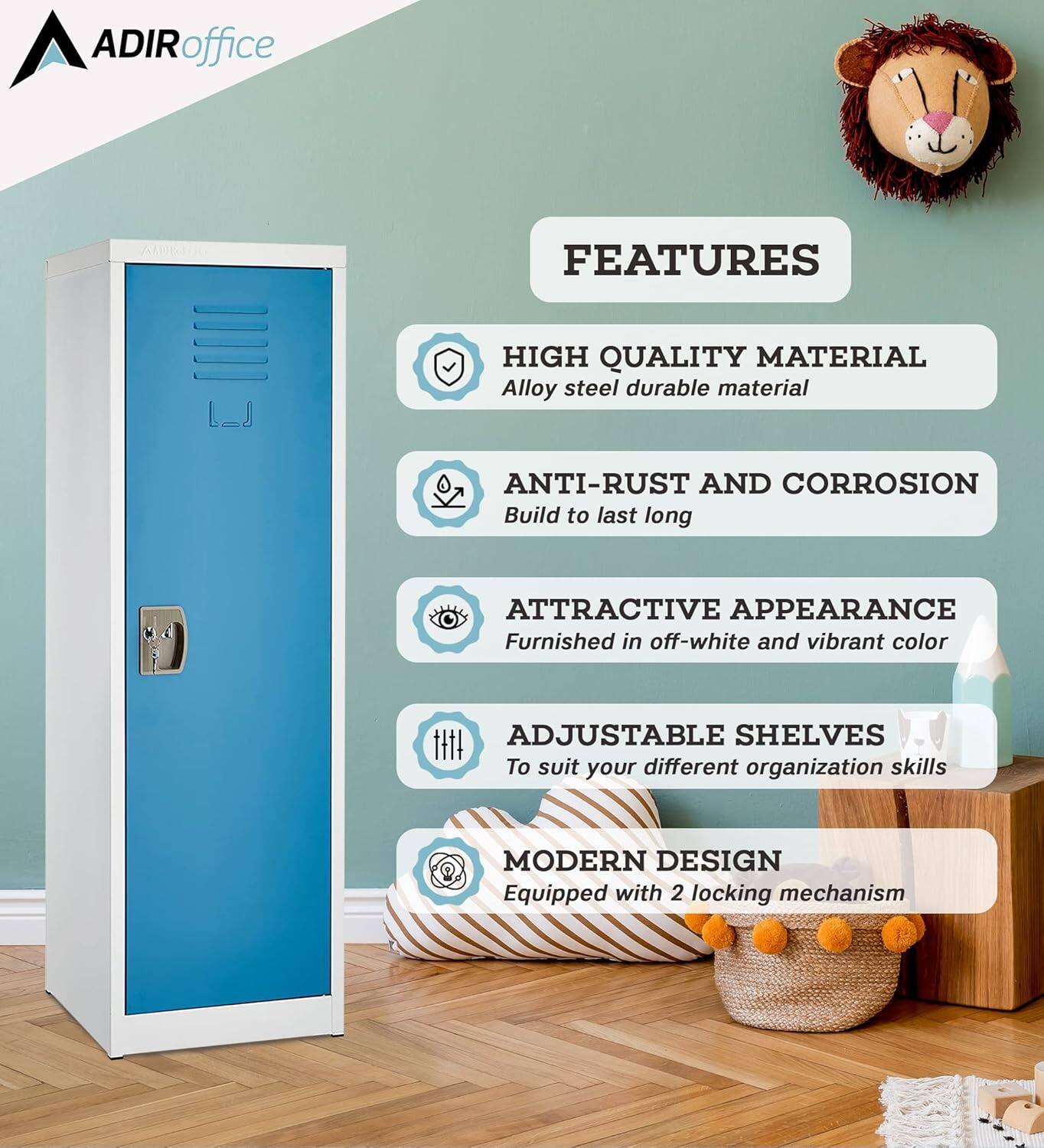 ADIRoffice
FEATURES
HIGH QUALITY MATERIAL Alloy steel durable material
ANTI-RUST AND CORROSION Build to last long
ATTRACTIVE APPEARANCE Furnished in off-white and vibrant color
ADJUSTABLE SHELVES To suit your different organization skills
MODERN DESIGN Equipped with 2 locking mechanism