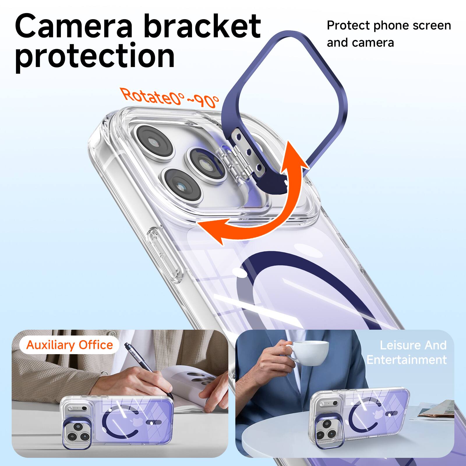 Camera bracket protection  
Rotate 0°~90°  
Protect phone screen and camera  
Auxiliary Office  
Leisure And Entertainment