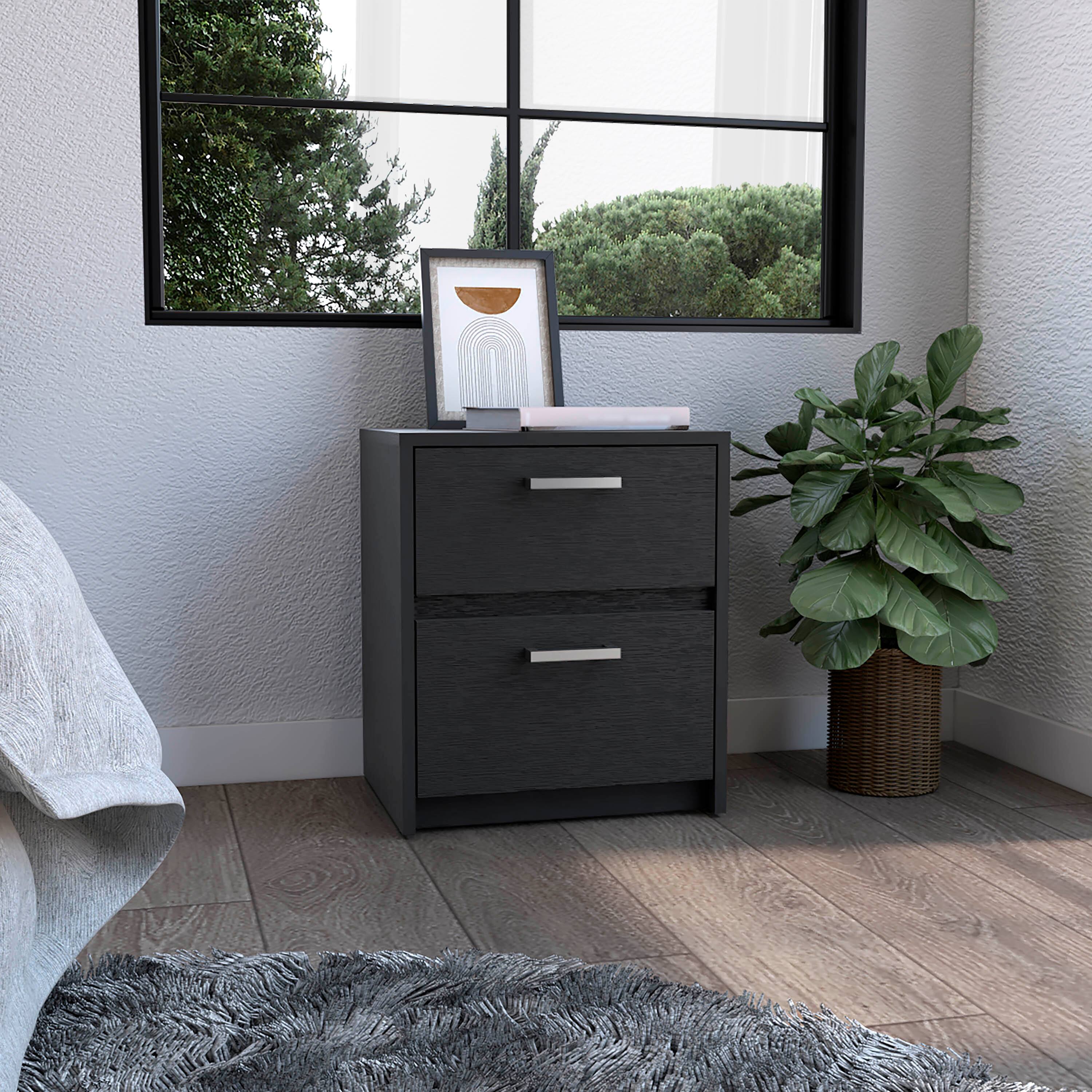 Front. Tiramisubest - Black Nightstand with 2 Drawers and Metal Handles - Black.