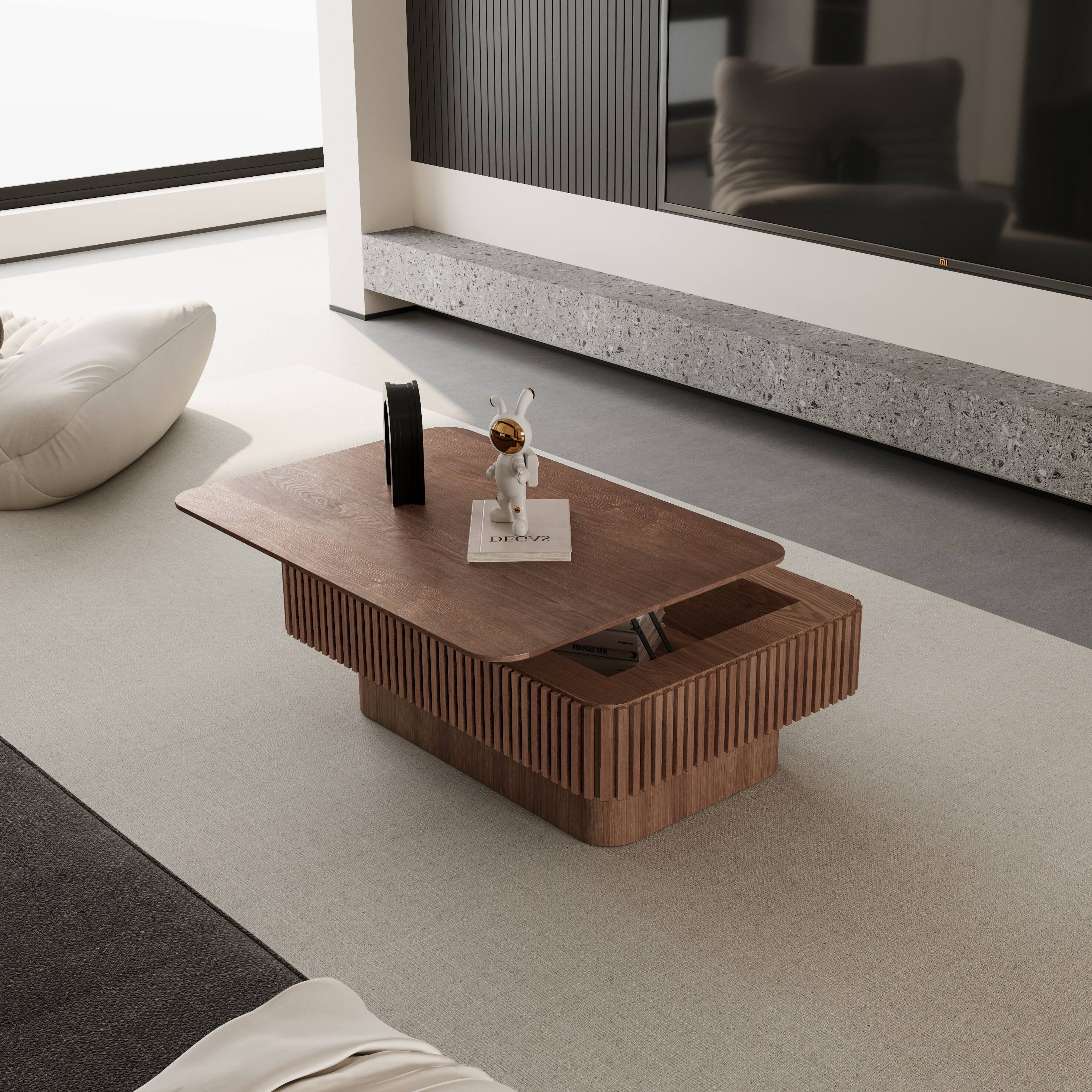Back. Loheer - Loheer Walnut Lift Top Coffee Table Fluted Wood Storage Center Table Adjustable Height - Walnut.
