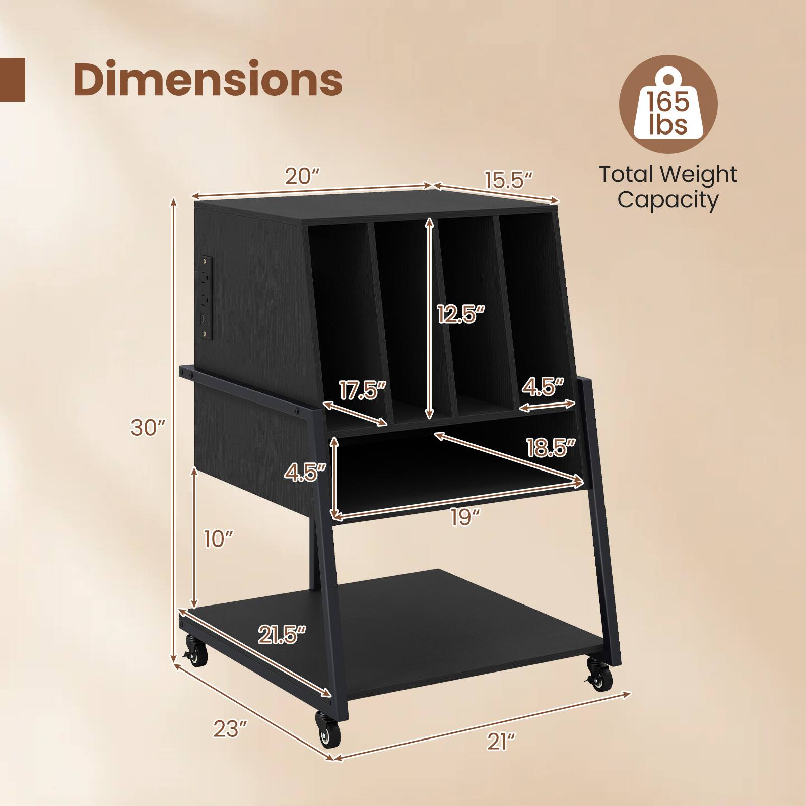 Dimensions: 165 lbs, 20" x 15.5" x 30", 12.5" x 17.5" x 4.5" x 4.5" x 18.5" x 10" x 19" x 21.5" x 23" x 21"