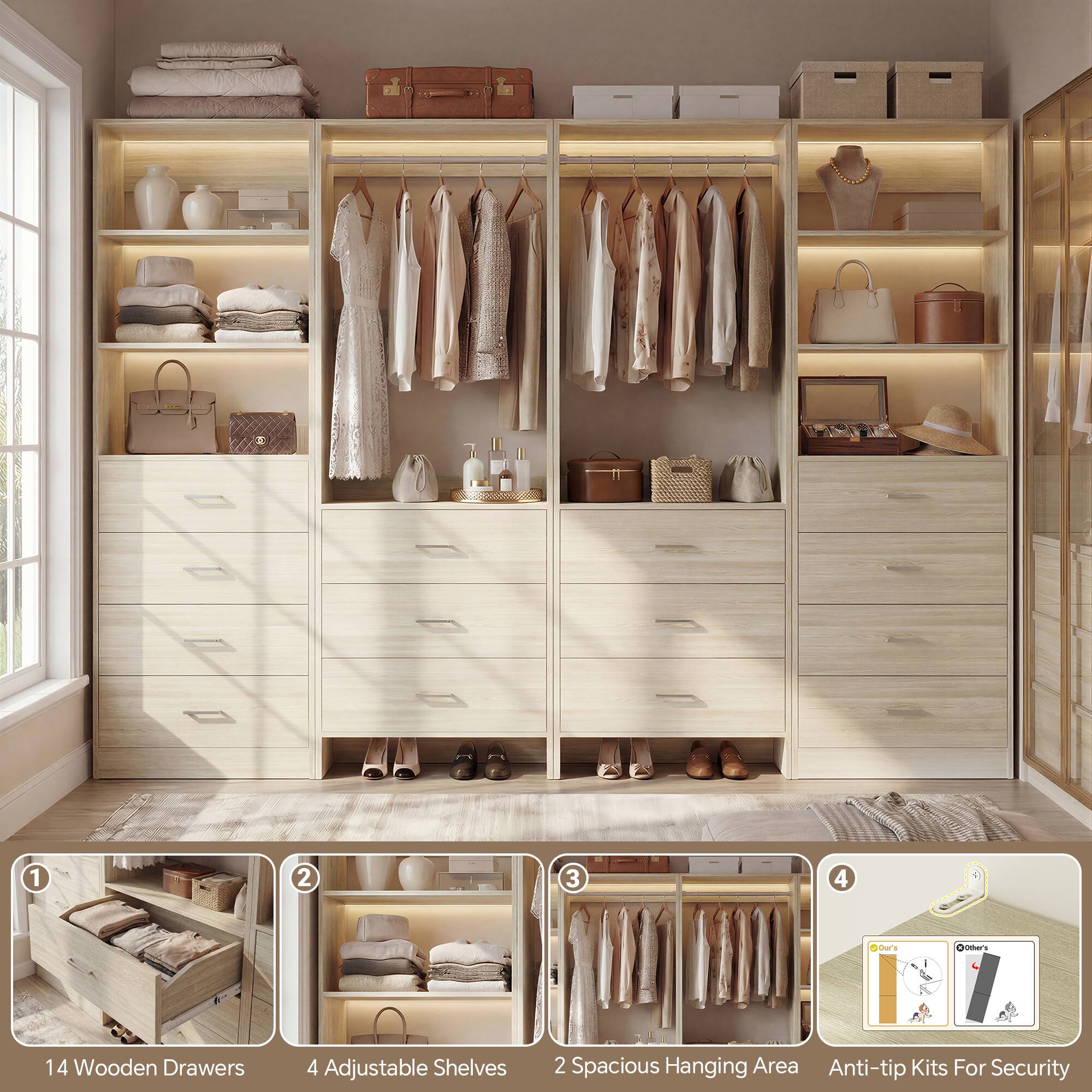 1. 14 Wooden Drawers
2. 4 Adjustable Shelves
3. 2 Spacious Hanging Area
4. Anti-tip Kits For Security