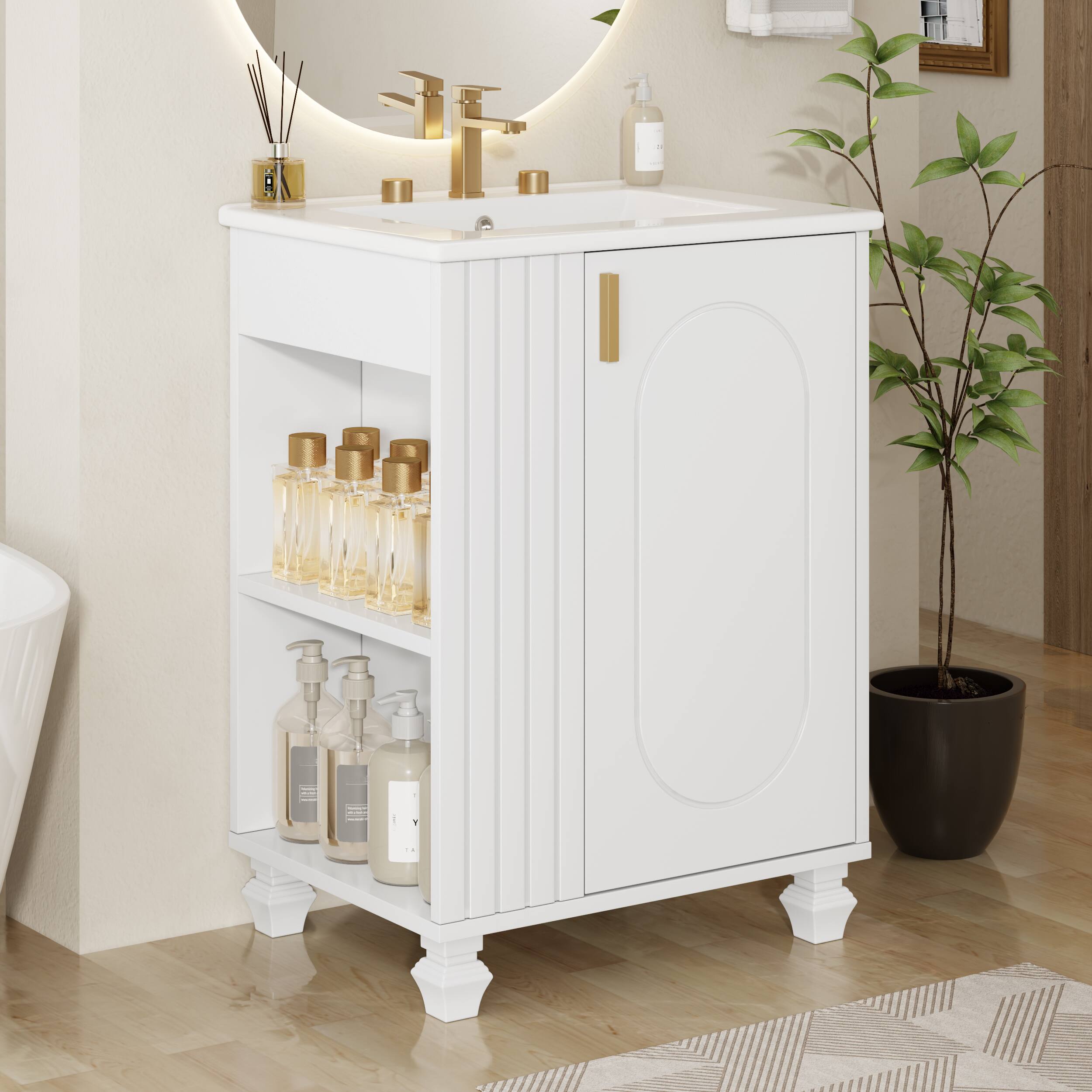 Alt View 9. Glintex - 24" Bathroom Vanity with Sink, Solid Wood Storage Cabinet, Soft-Close Door, Side Open Shelf, Small Bathroom Vanity - White.