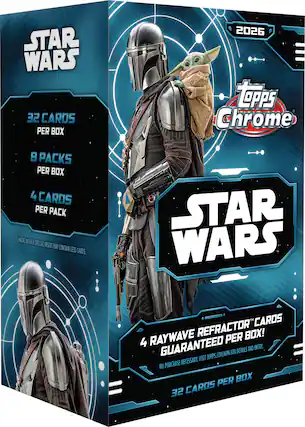 STAR WARS
32 CARDS PER BOX
2026 ... topps Chrome
8 PACKS PER BOX 4 CARDS PER PACK PACKS WITH A SPECIAL INSERT MAY CONTAIN LESS CARDS.
STAR WARS
TM CARDS RAYWAVE REFRACTOR PER BOX! 4 GUARANTEED ENTRY. DETAILS AND TOPPS.COM/NPN FOR NECESSARY. VISIT NO PURCHASE PER BOX 32 CARDS