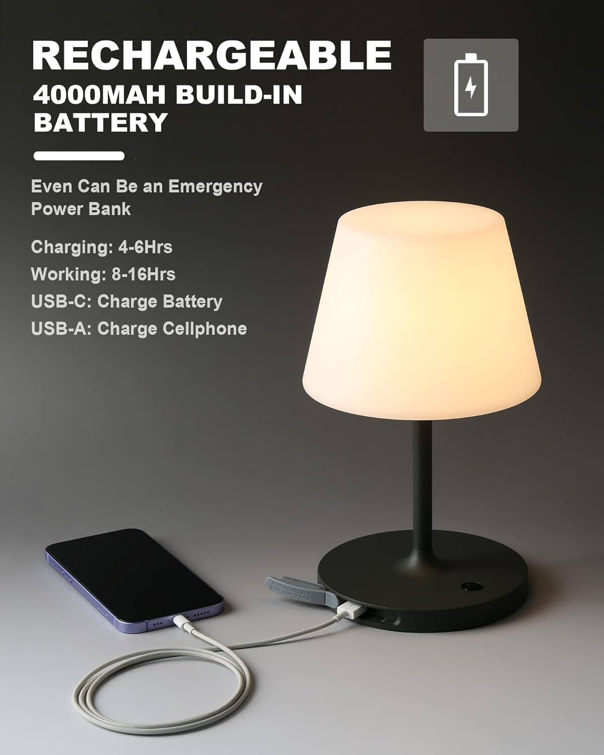 RECHARGEABLE  
4000MAH BUILD-IN BATTERY  

Even Can Be an Emergency Power Bank  

Charging: 4-6Hrs  
Working: 8-16Hrs  

USB-C: Charge Battery  
USB-A: Charge Cellphone