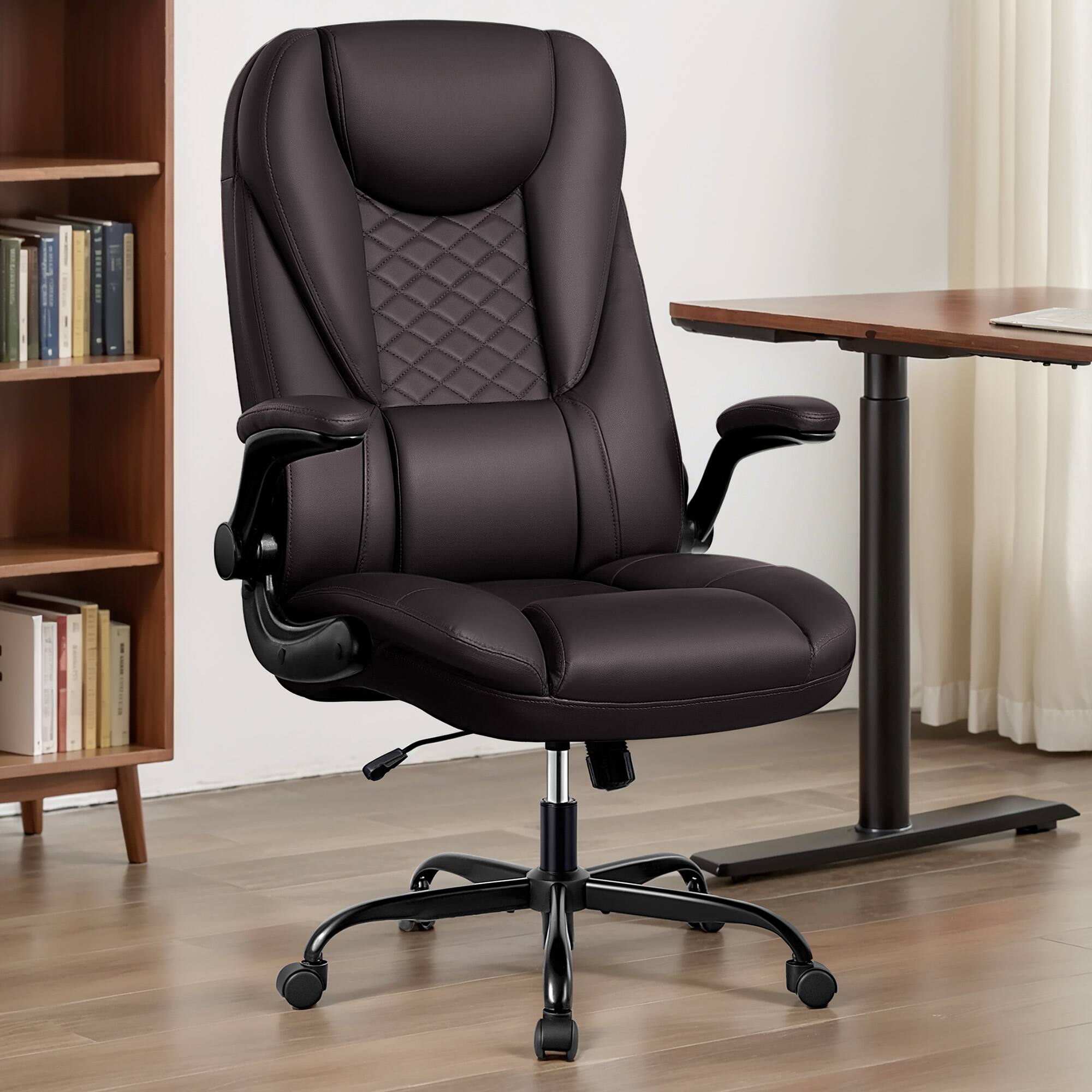 Alt View 3. KERDOM - Ergonomic PU Leather Chair with Flip-Up Arms, Executive Manager Chair, High Back Home Office Desk Chair Computer Chair - Coffee.