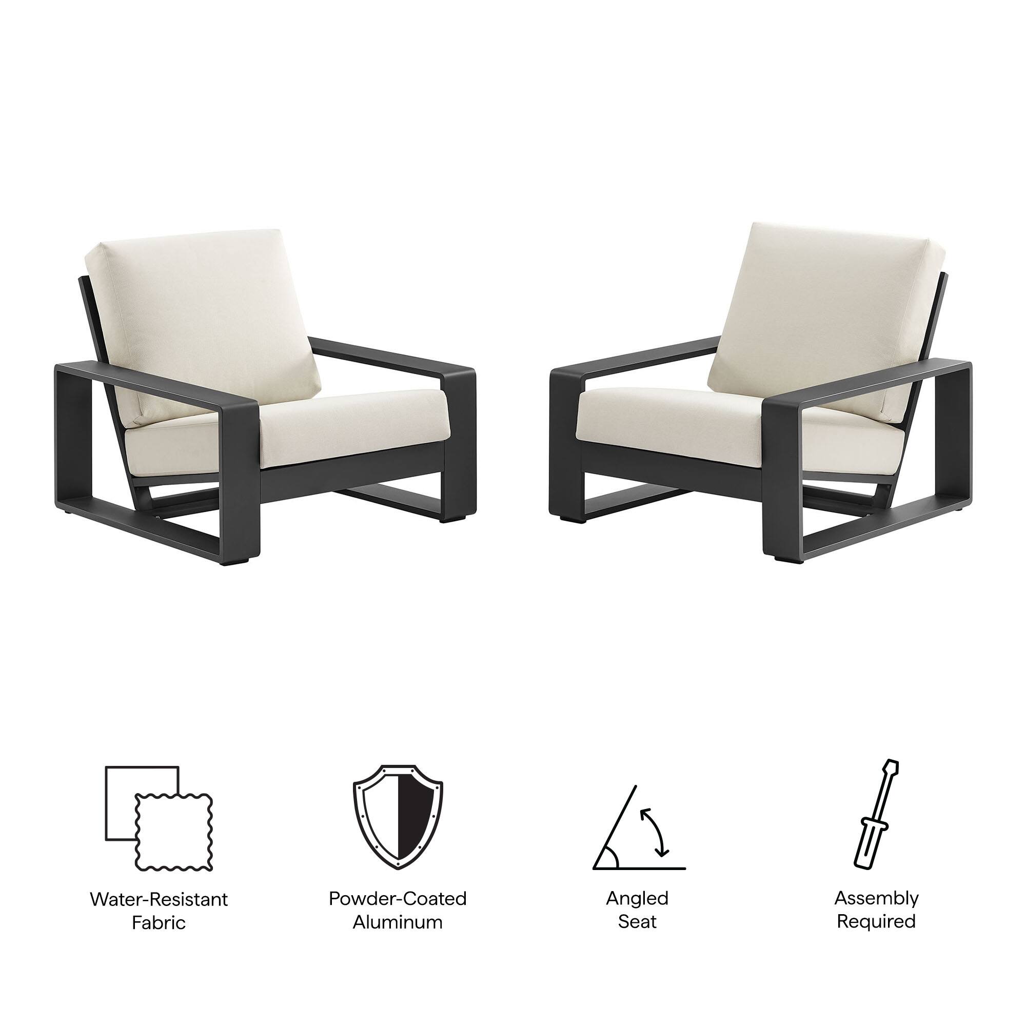 - Water-Resistant Fabric
- Powder-Coated Aluminum
- Angled Seat
- Assembly Required