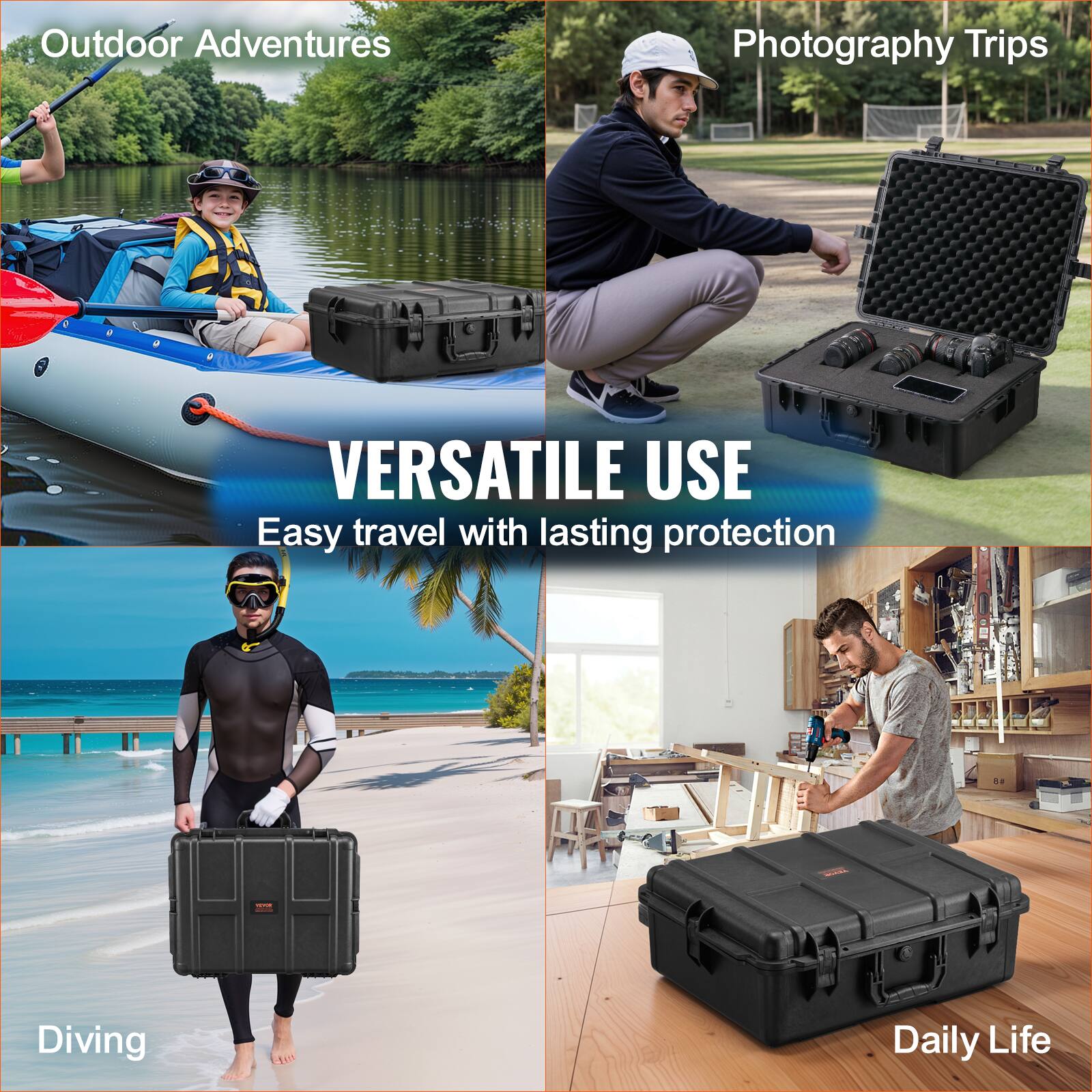 Outdoor Adventures  
Photography Trips  
Diving  
Daily Life  

VERSATILE USE  
Easy travel with lasting protection