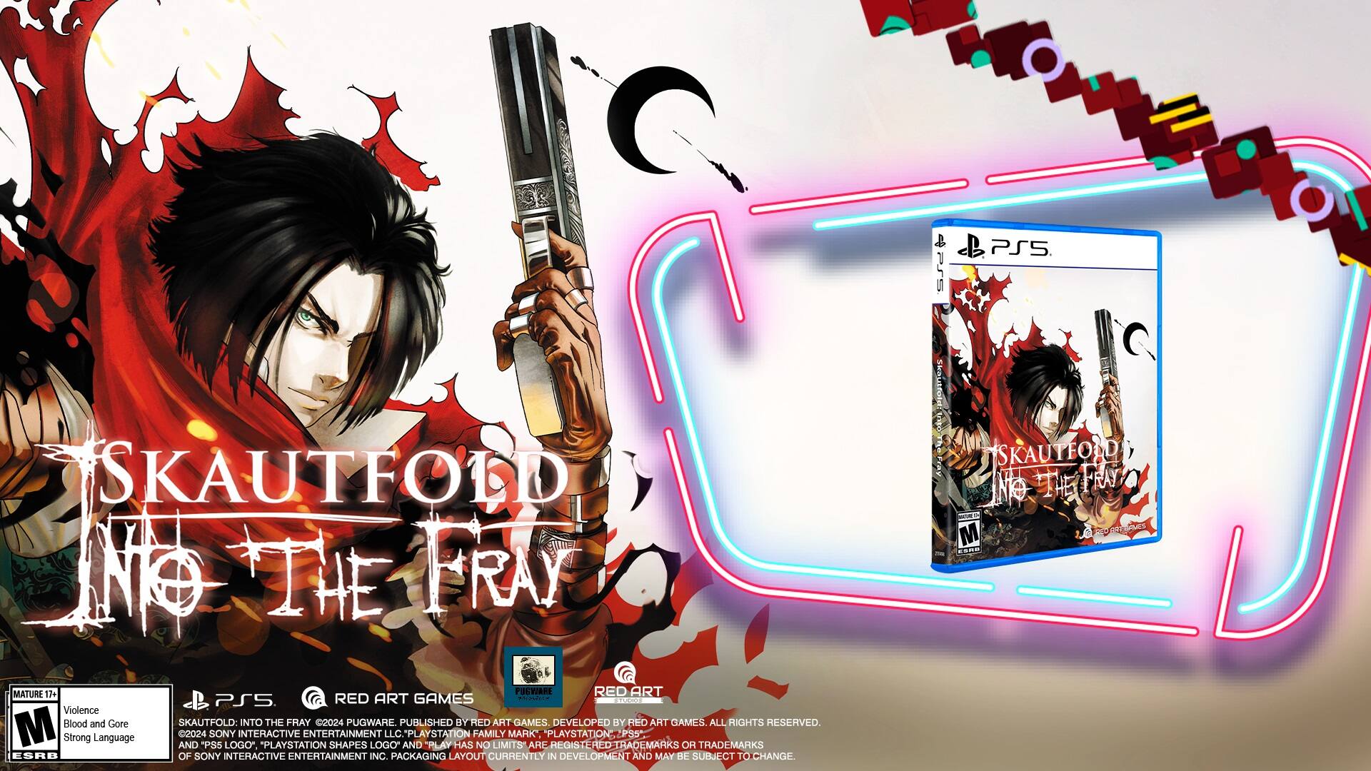 The text on the image reads:
"Skautfold: Into the Fray" is a mature game with violence, blood and gore. It is developed by Red Art Games and published by Yellow Art Games. All rights reserved. The game is rated M for strong language. The PlayStation logo and the PlayStation family mark are registered trademarks of Sony Interactive Entertainment Inc. The packaging layout is currently in development and may be subject to change.
