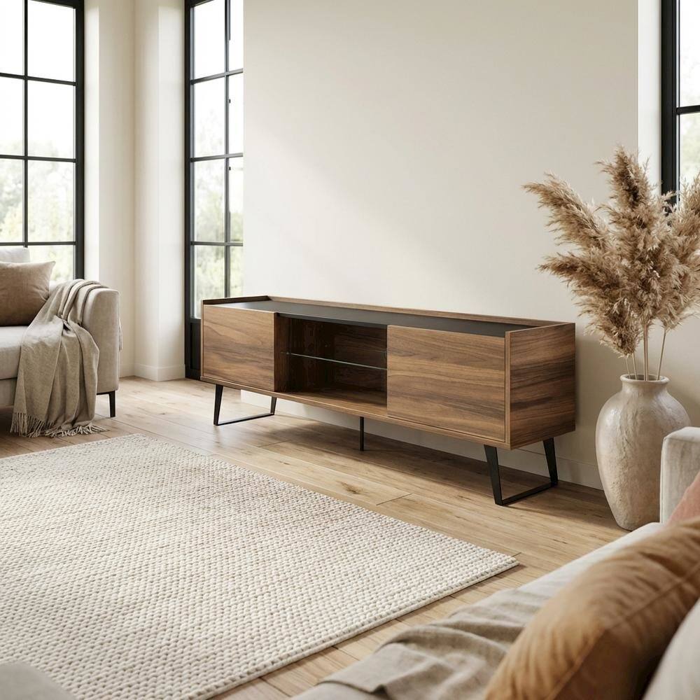 Alt View 2. FurniFact - Walnut TV Stand for 65-80 Inch TVs with Engineered Wood Finish Durable Storage - Brown.