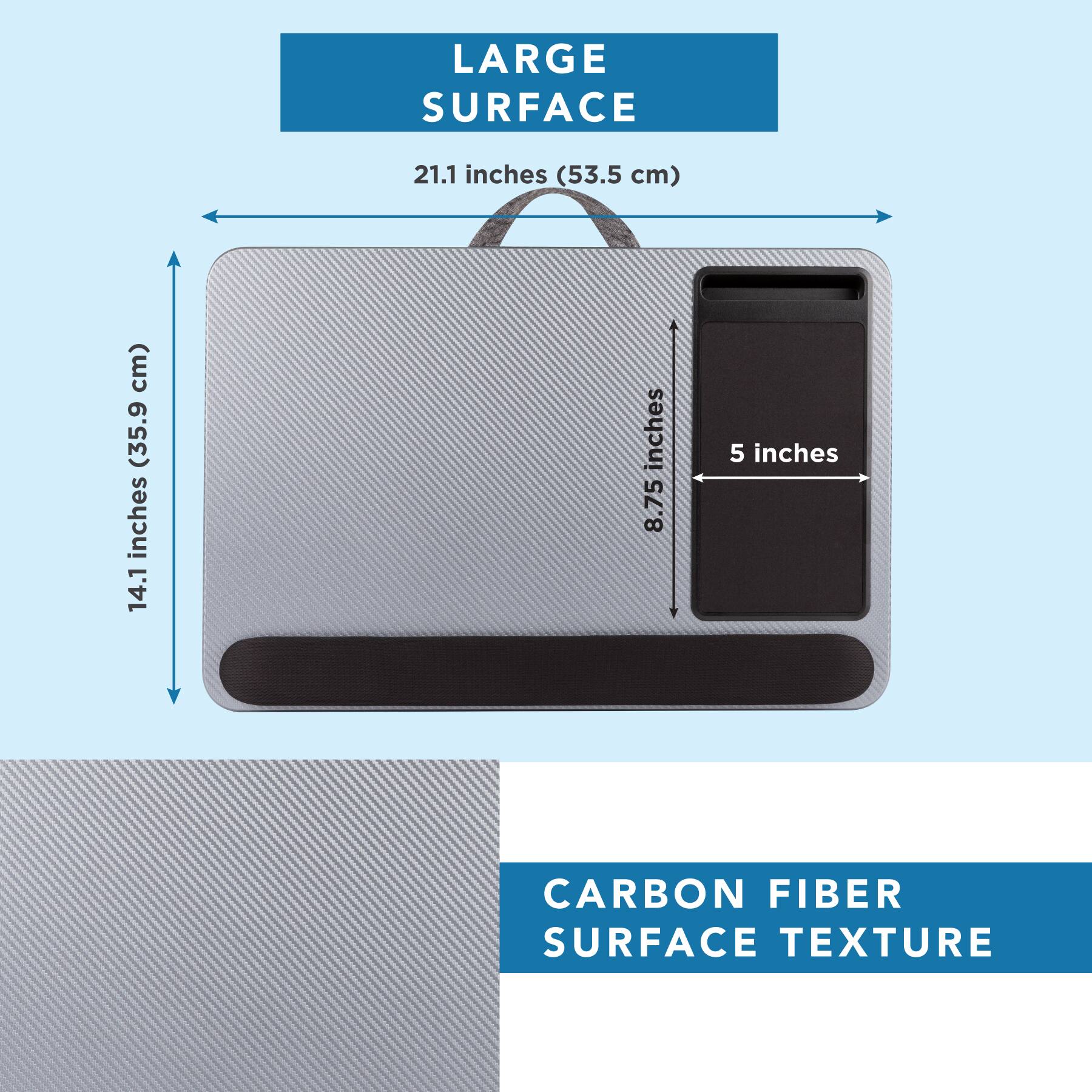 The image features a large surface with a carbon fiber surface texture. The surface measures 21.1 inches (53.5 cm) in length and 14.1 inches (8.75 inches) in width. The surface is made of carbon fiber, which is known for its strength and durability. This material is often used in various applications, such as sports equipment, aerospace, and automotive industries. The image showcases the unique texture of the carbon fiber surface, which can be visually appealing and functional in different settings.