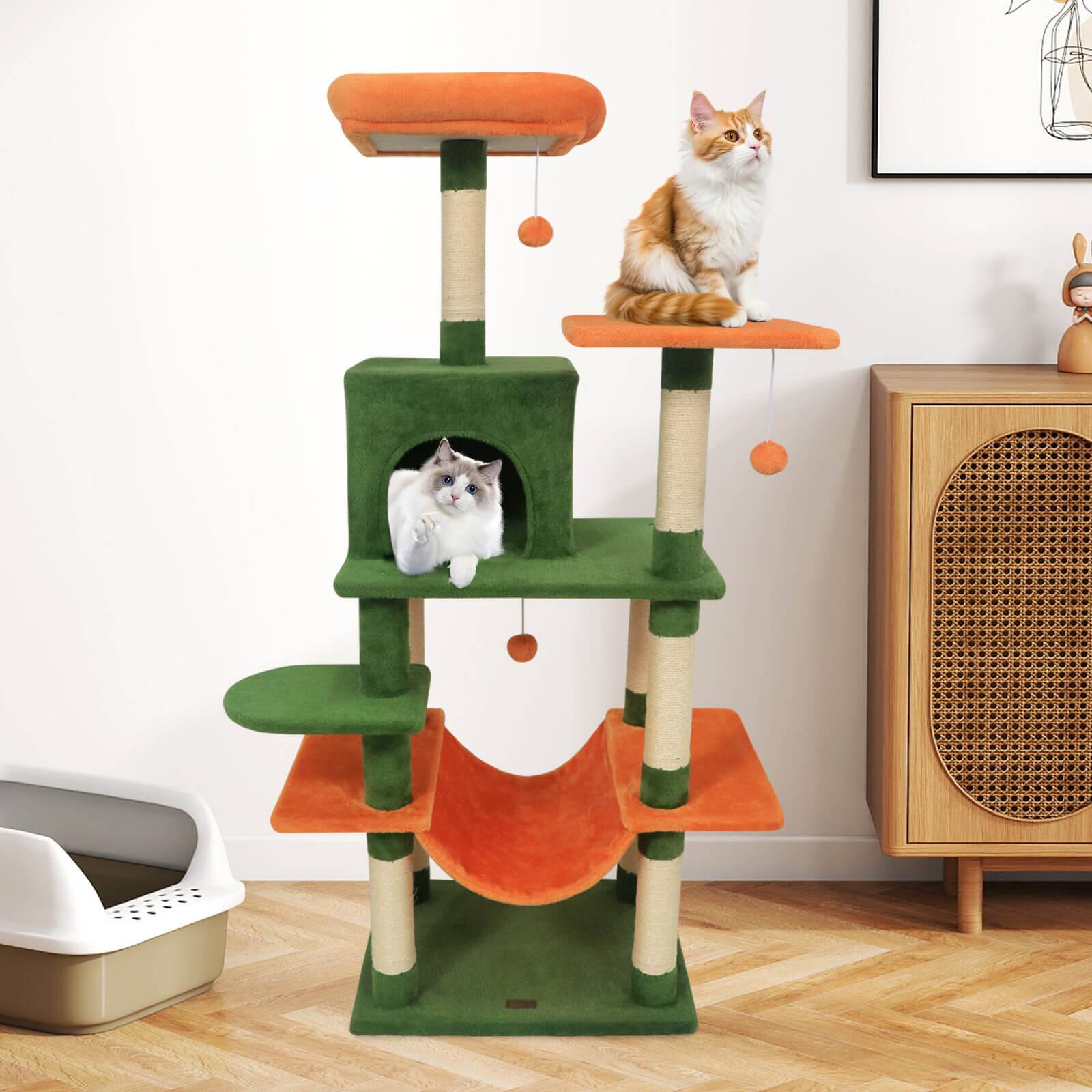 Alt View 4. Costway - Costway 58" Tall Multi-level Cat Tree with Upholstered Perch & Cat Condo, Comfy Hammock.